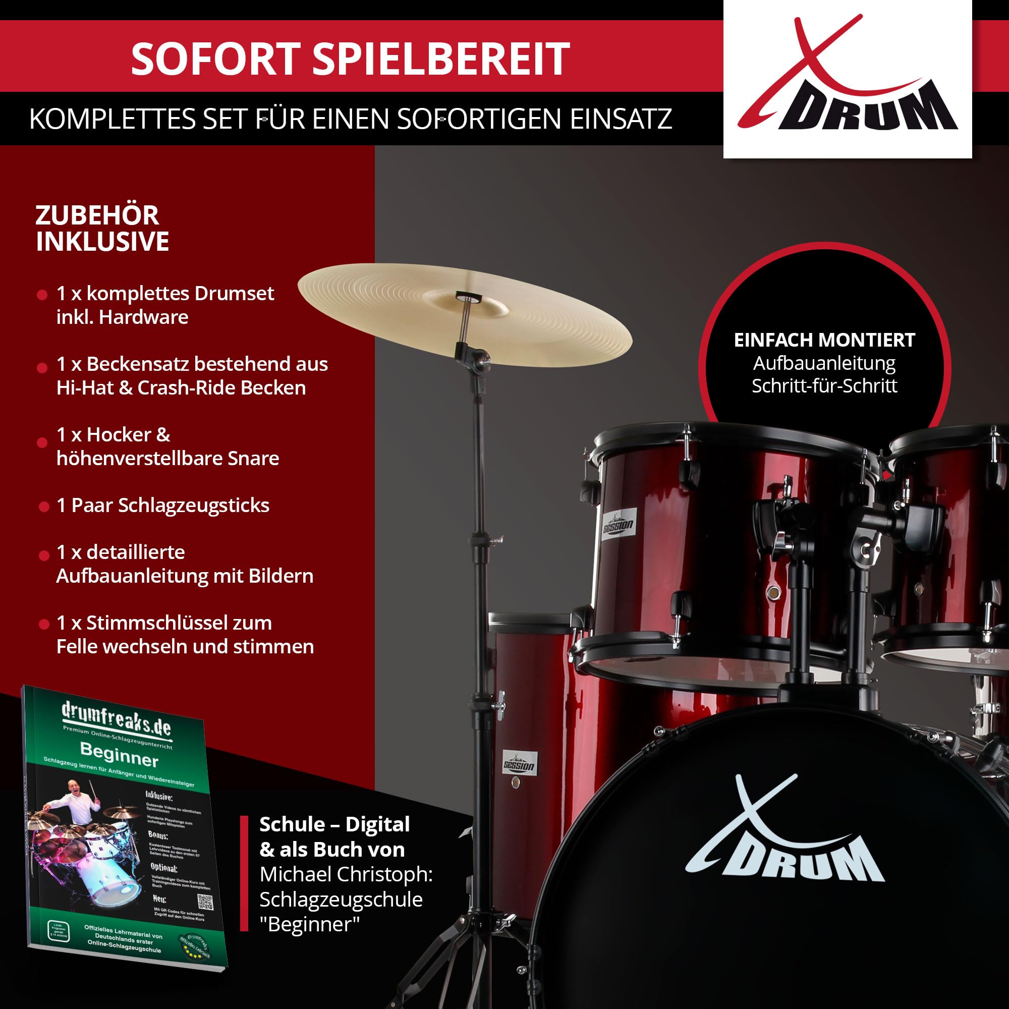XDrum Rookie 22" Fusion Set Completo de Batería Ruby Red - Ideal para Principiantes - Hardware Estilizada en Negro - Incluye Baquetas, Manual de Montaje y Escuela de Batería - Rojo