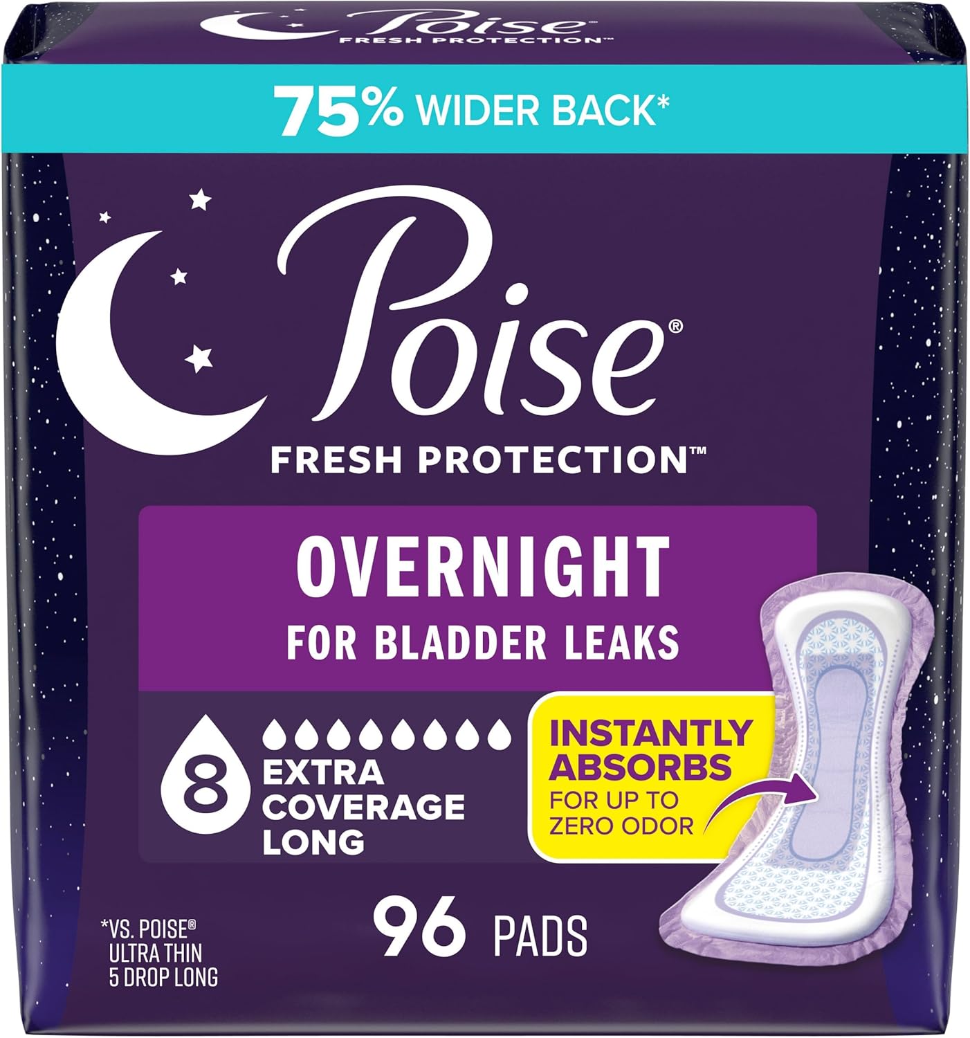 Poise Overnight Incontinence & Postpartum Pads for Bladder Leaks, 8 Drop Extra Coverage, 96 Count, Packaging May Vary Extra-Coverage 96