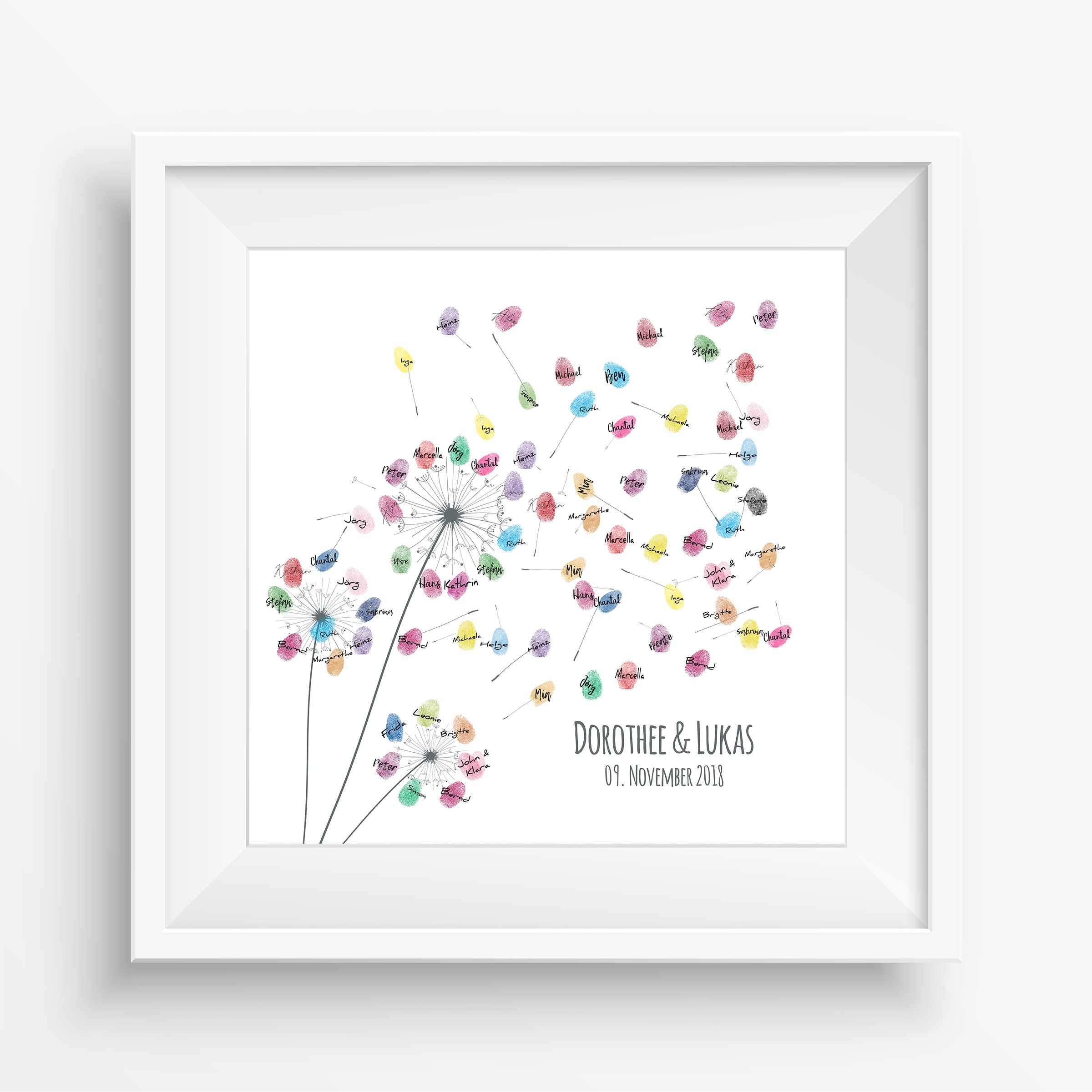 Madyes Płótno Ślub Odciski palców Księga gości Spersonalizowane Drzewo Dmuchawiec dla pary młodej jako prezent, dekoracja ślubna, imiona z datą. 50 x 50 cm rozmiar na blejtramie z drewna