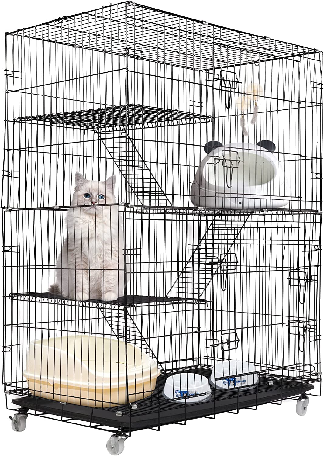 Jaula grande para gatos con 4 niveles, plegable con 360 ruedas giratorias, rampa de escalera, balcón, interior, exterior, jaula de metal para 1-3 gatos, 90 x 55 x 125 cm