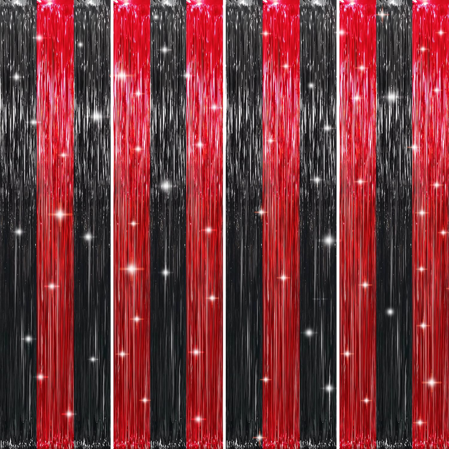 GOER 3.2 ft x8.2 ft Metallic Tinsel Foil Fringe Curtains Party Photo Backdrop Party Streamers for Birthday,Graduation,New Year Eve Decorations Wedding Decor (4 Pcs,Black&amp;Red)