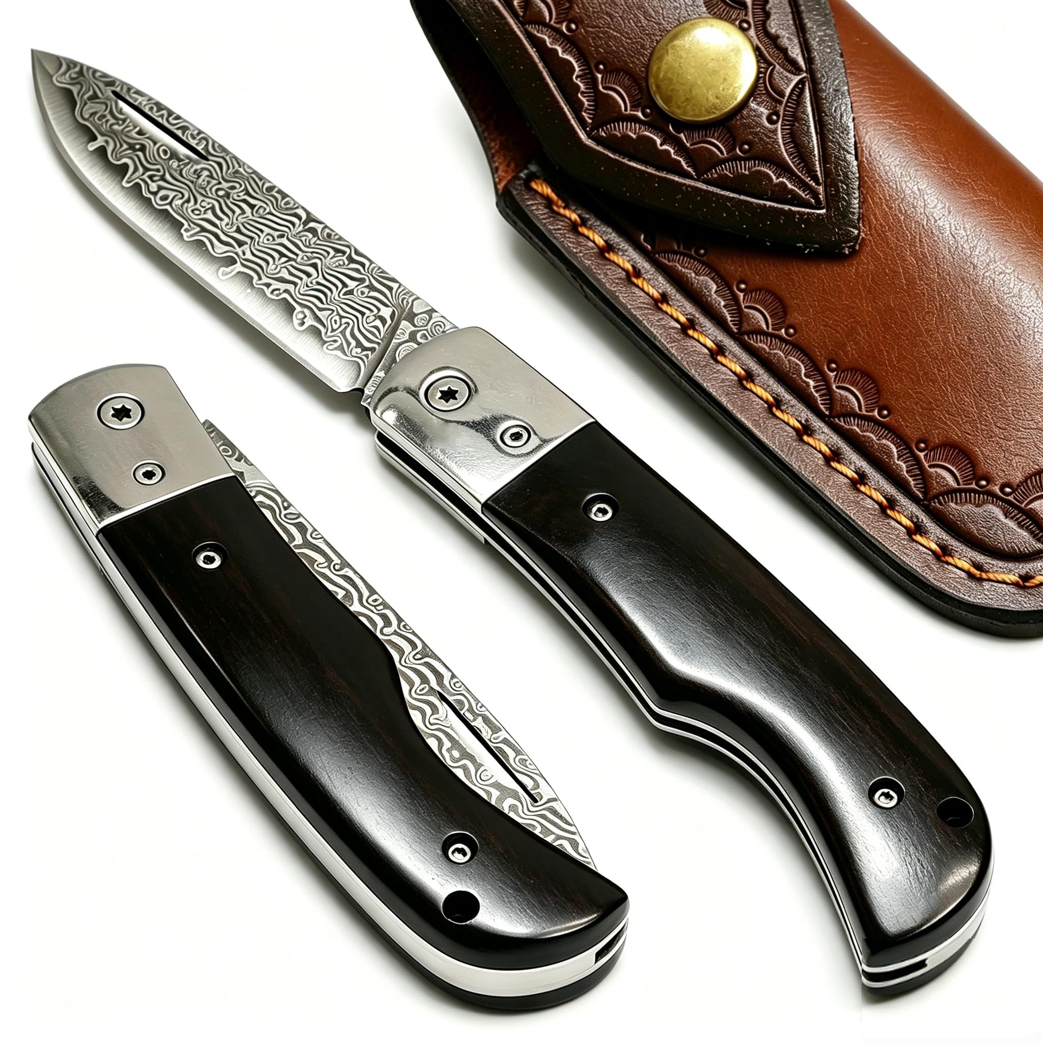 Damast Taschenmesser Zweihandklappmesser OutdoorJagdmesser/Bushcraft EDC Messer Mit Ebenholz Griff Gürtelholster Für Camping Wandern Angeln