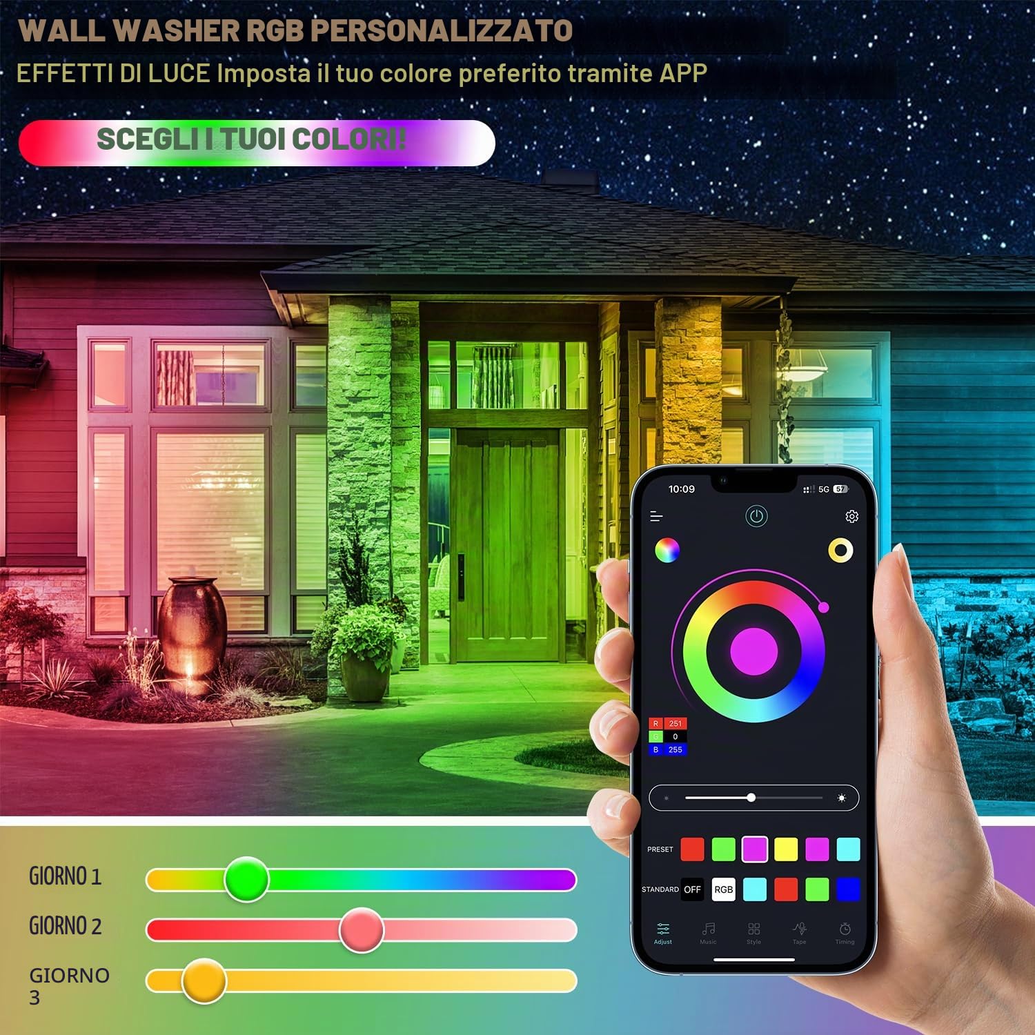 VAYALT 2 faretti LED RGB da 48 W RGB da parete con controllo APP Bluetooth e barra LED dimmerabile, IP66, impermeabili, per DJ discoteca, giardino, Halloween (bianco caldo + luce fredda)