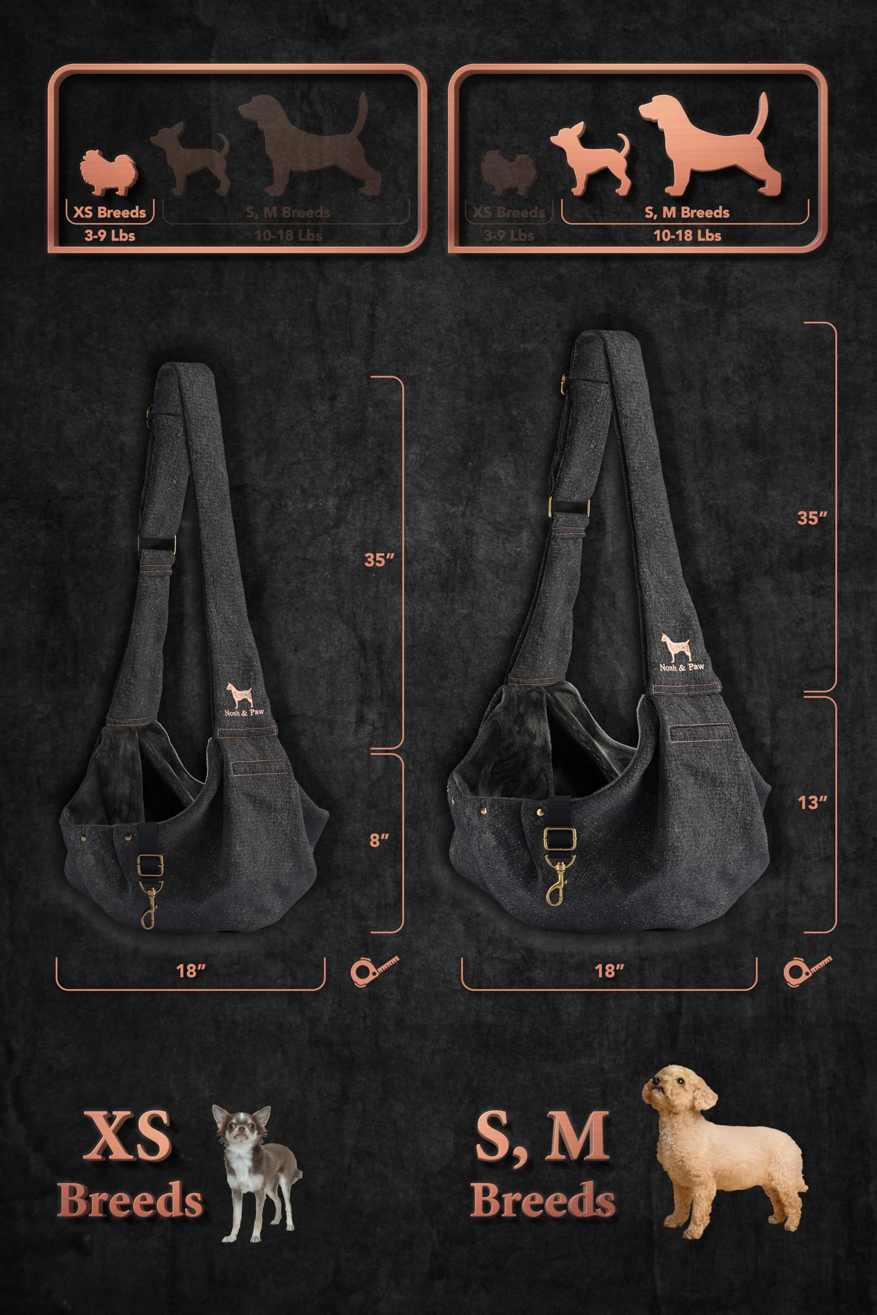 Noah & Paw Bandolera transportin Perro 1,5-5 kg, transportin Gato pequeño, Bolsa Transporte Ajustable para Mascotas, Doble función de Seguridad, Fabricado en Denim Premium.