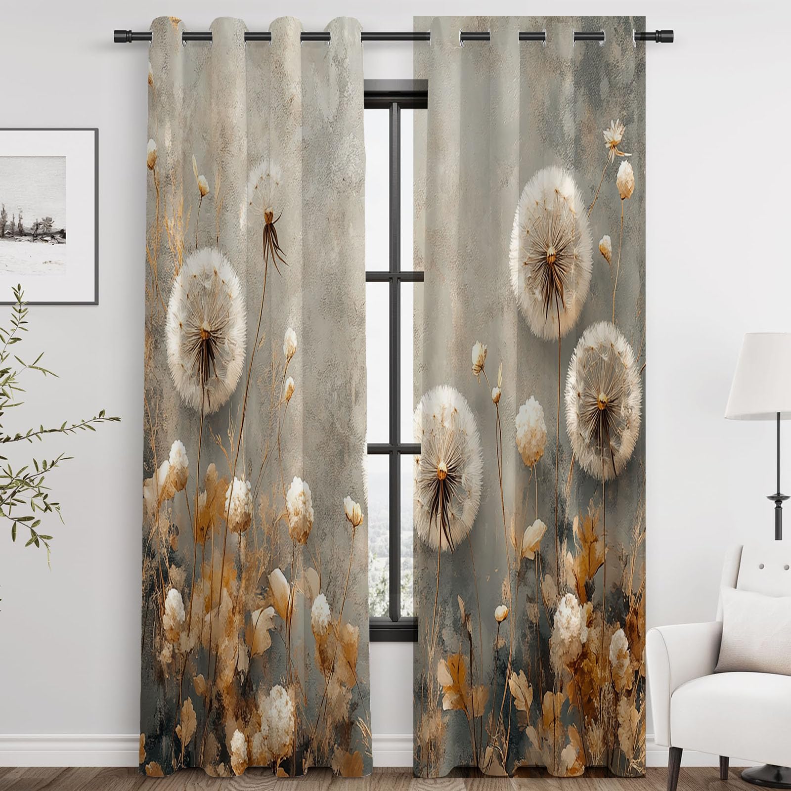 Vorhänge Blumen Muster Goldenes Blumenmuster Vorhänge mit Ösen für Wohnzimmer Botanisch Halbtransparent Ösenvorhang für Bauernhaus Schlafzimme-H230 x B130 cm (2er Pack)
