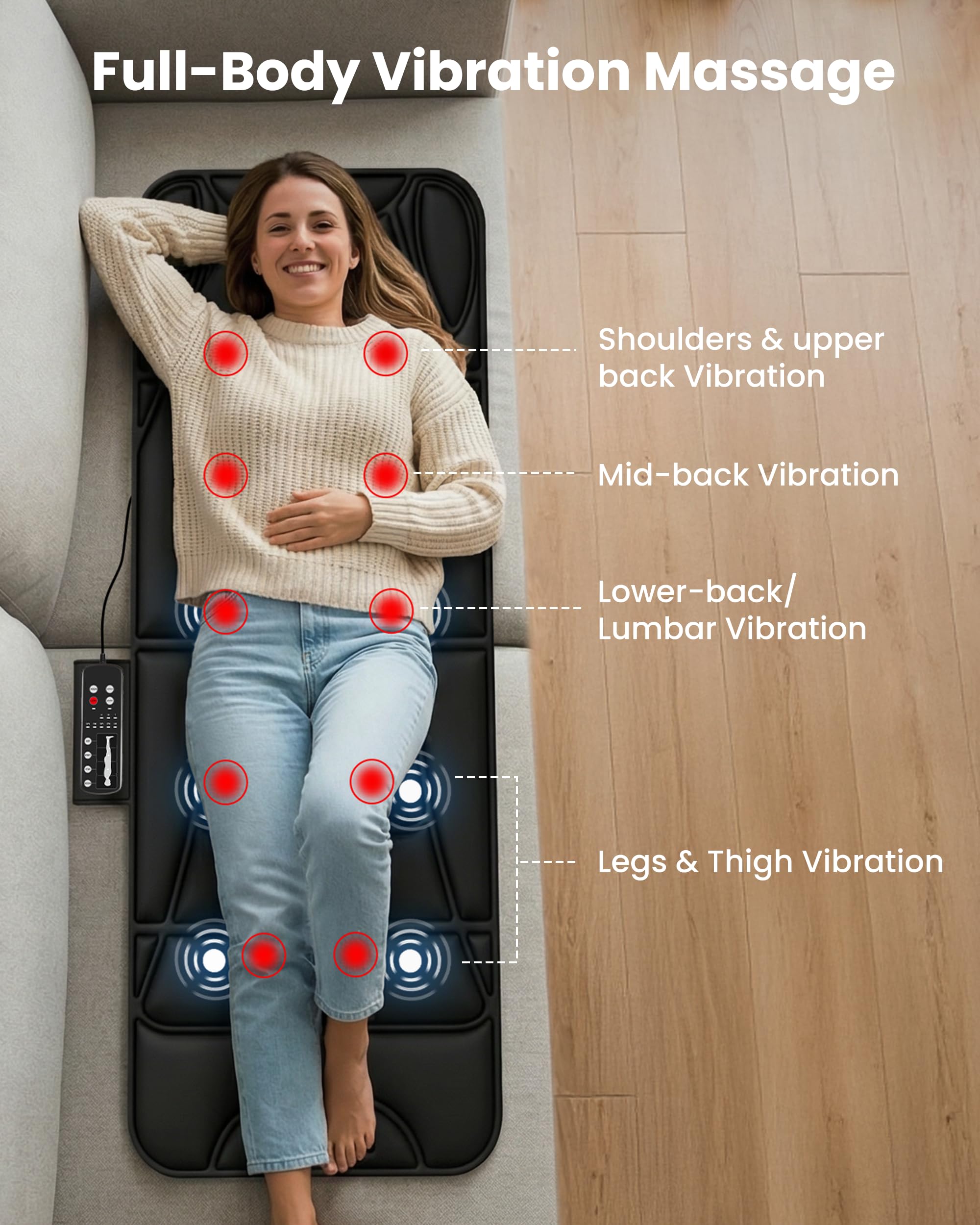COMFIER Colchoneta de Masaje Cuerpo Completo con Función de Calor, Masajeador de Espalda con Masaje por Vibración, 10 Motores de Vibración, 5 Modos de Masaje y Función de Apagado Automático, Regalo