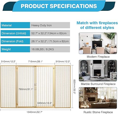 Miniatura 8 de IRONWALLS Pantalla negra para chimenea, 41.7 pulgadas de largo x 31.5 pulgadas de alto, cubierta plana plegable de hierro con protección contra