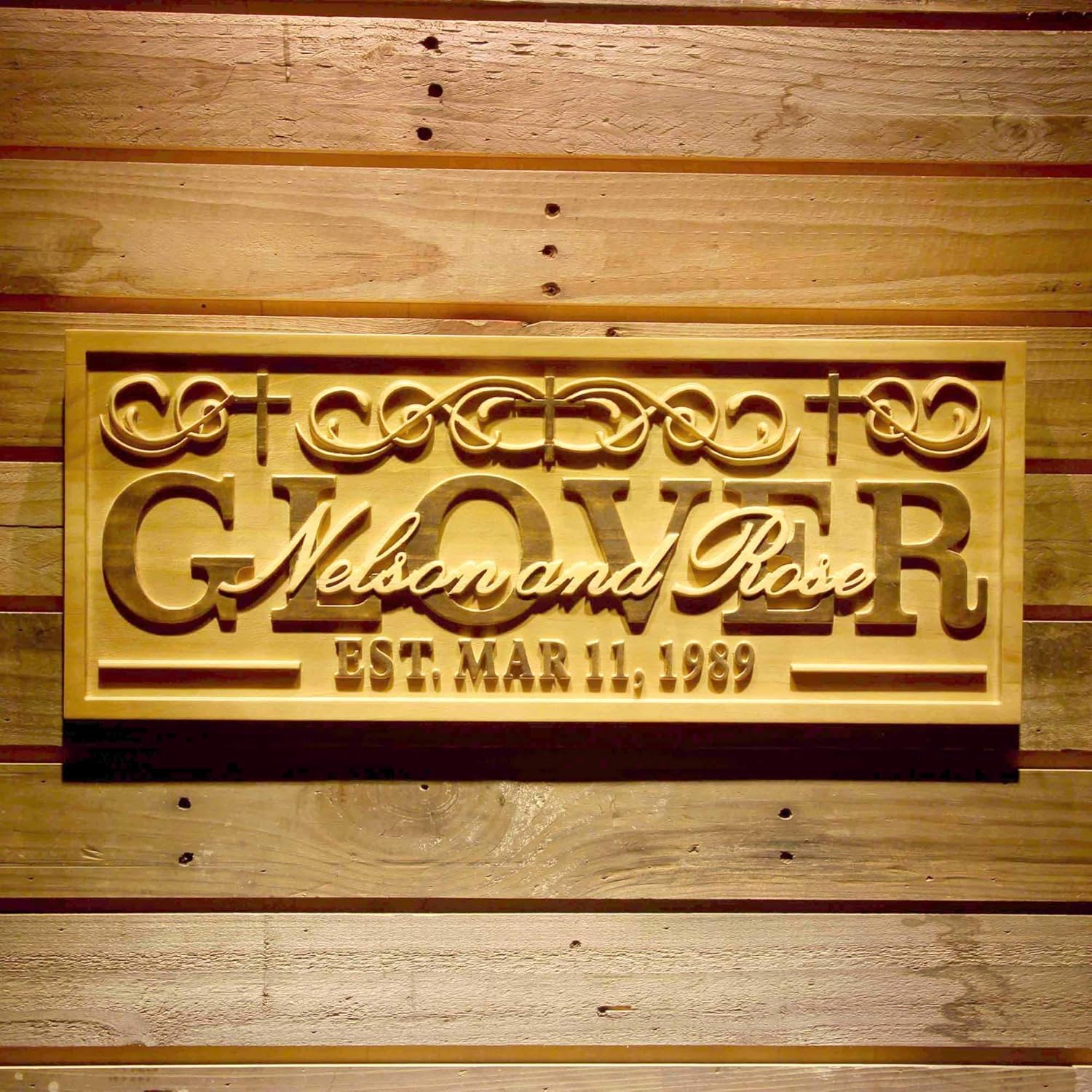 ADVPRO wpa0501 Name Personalized Christian Cross Church Last First Names Est. Date Wood Engraved Wooden Sign - Standard 23 x 9.25