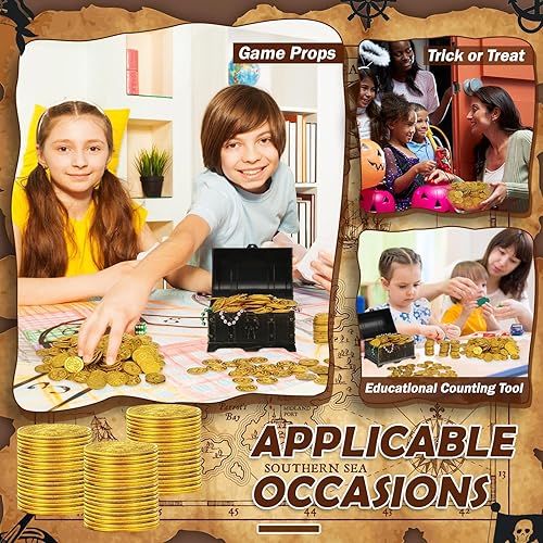 Miniatura 6 de Hanaive 800 monedas piratas de plástico, monedas del tesoro dorado, doblón español, moneda de juguete falsa de San Patricio para niños, juegos de