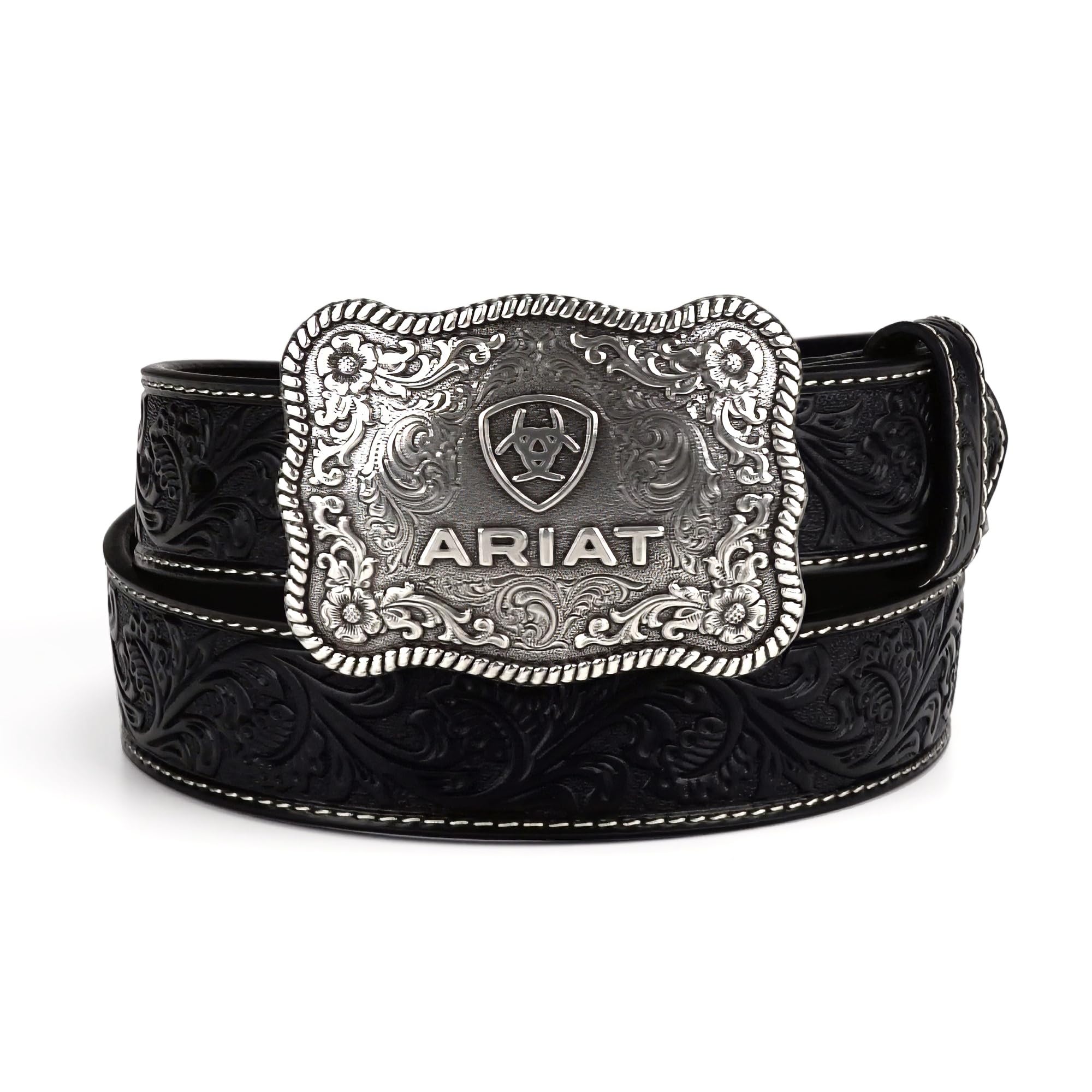 ARIAT Men's Floral Embossed Leather Belt with Antiqued Silver Buckle, Black, 36
