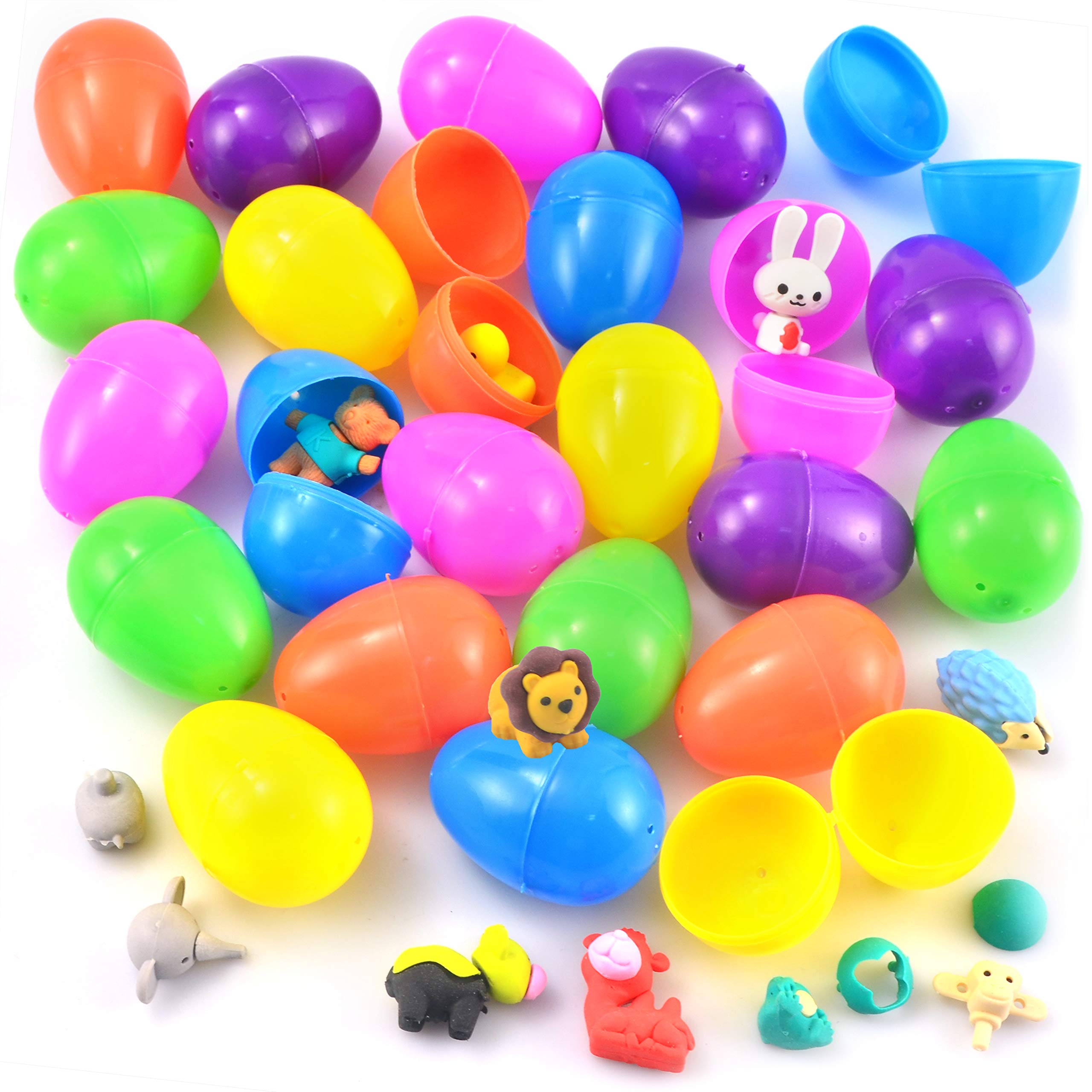 JOYIN 24 oeuf de Paques Pré-Remplis avec 48 animal Gommes pour les enfants, Gommes à Crayons, Panier de Pâques, Jouets Pré-Remplis pour œufs de Pâques