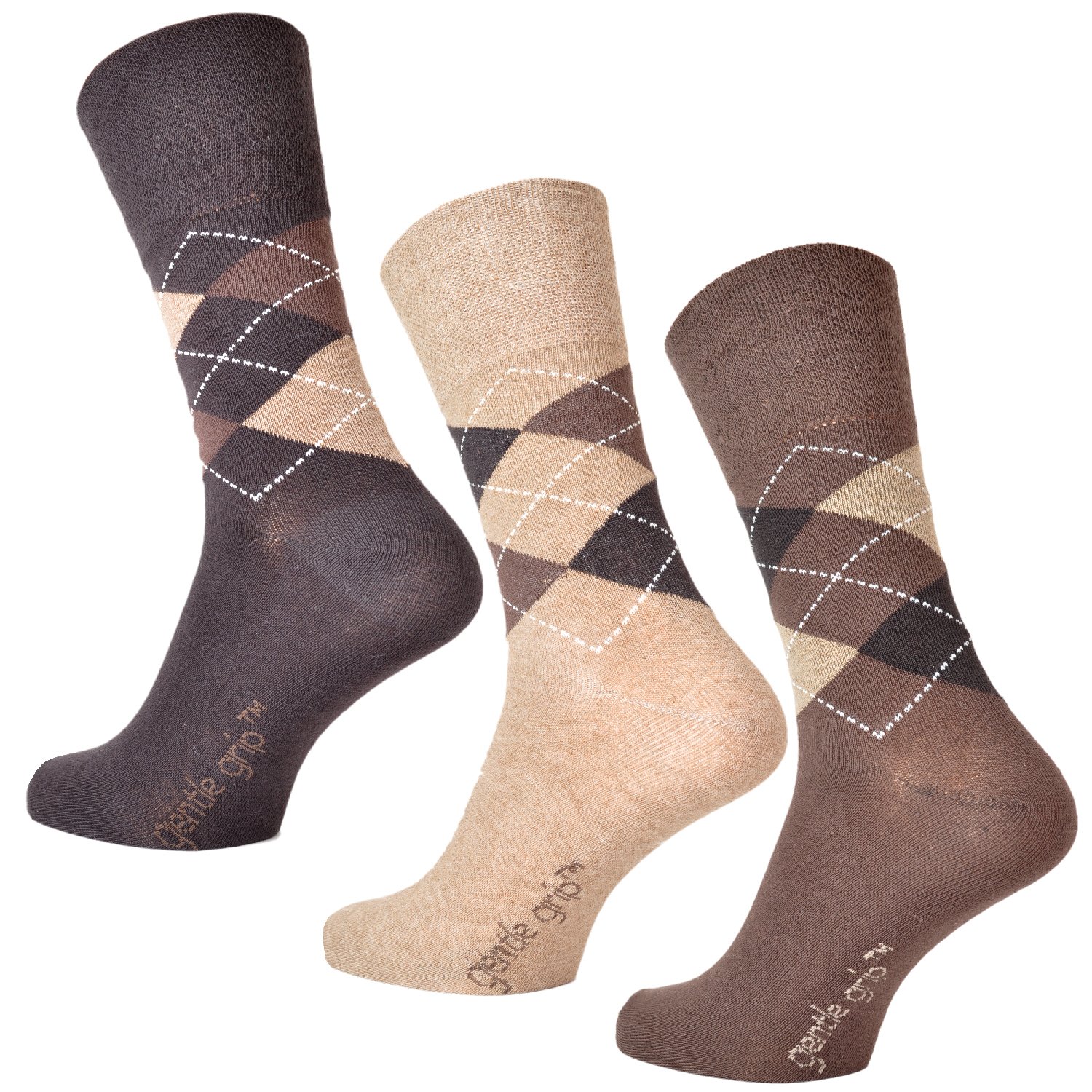 Sockshop Men's Brown Socks, Soft Cuff, 3 Pairs Of Argyle Pattern Socks, 6-11 Uk, 39-45 Eu, Light Hold Honeycomb Top, Ideal Elastic Free Diabetic Socks