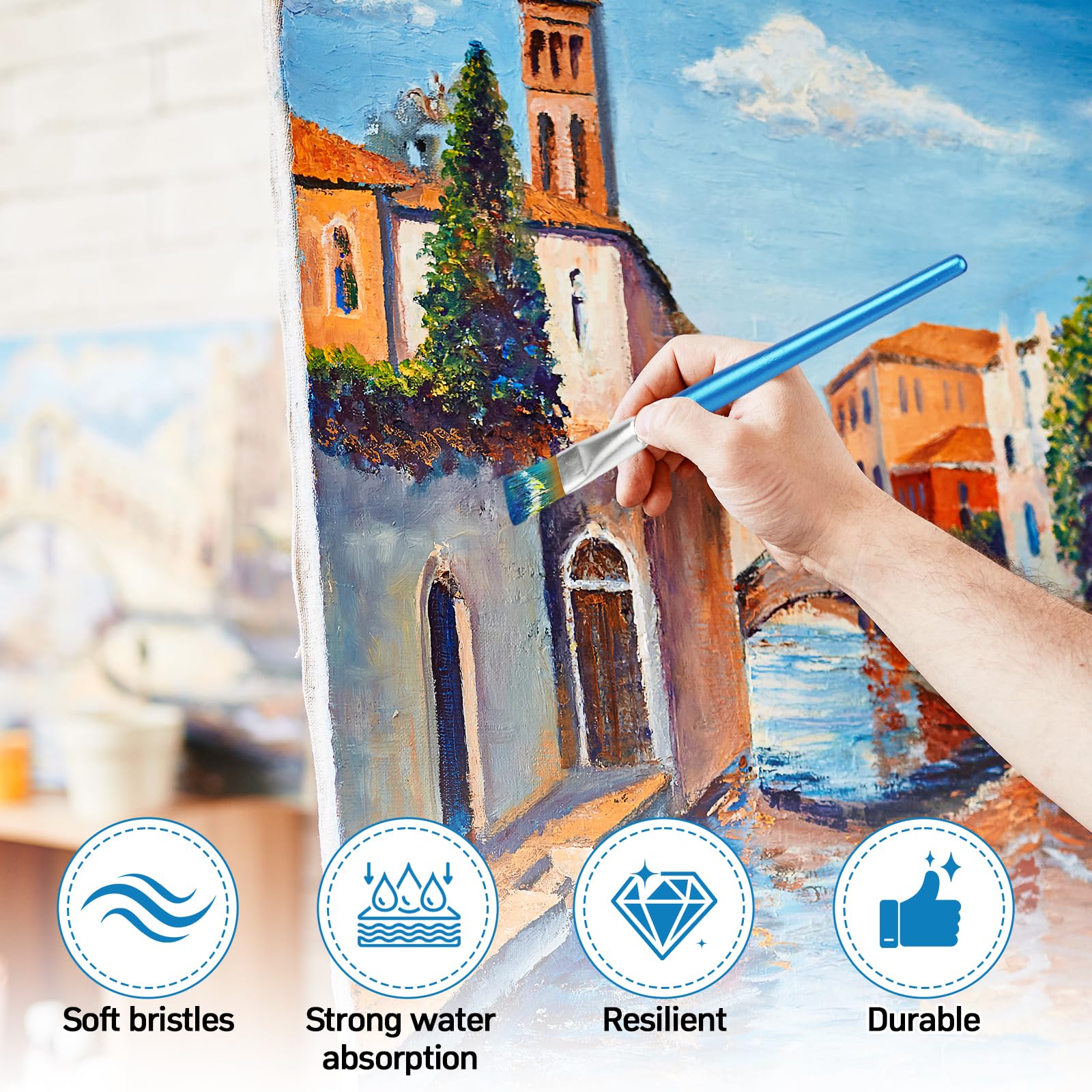 50 pennelli piatti per pittura acrilica, 2,5 cm, grandi pennelli acrilici, pennelli per acquerelli, olio, tela, artigianato, pittori artistici (blu)