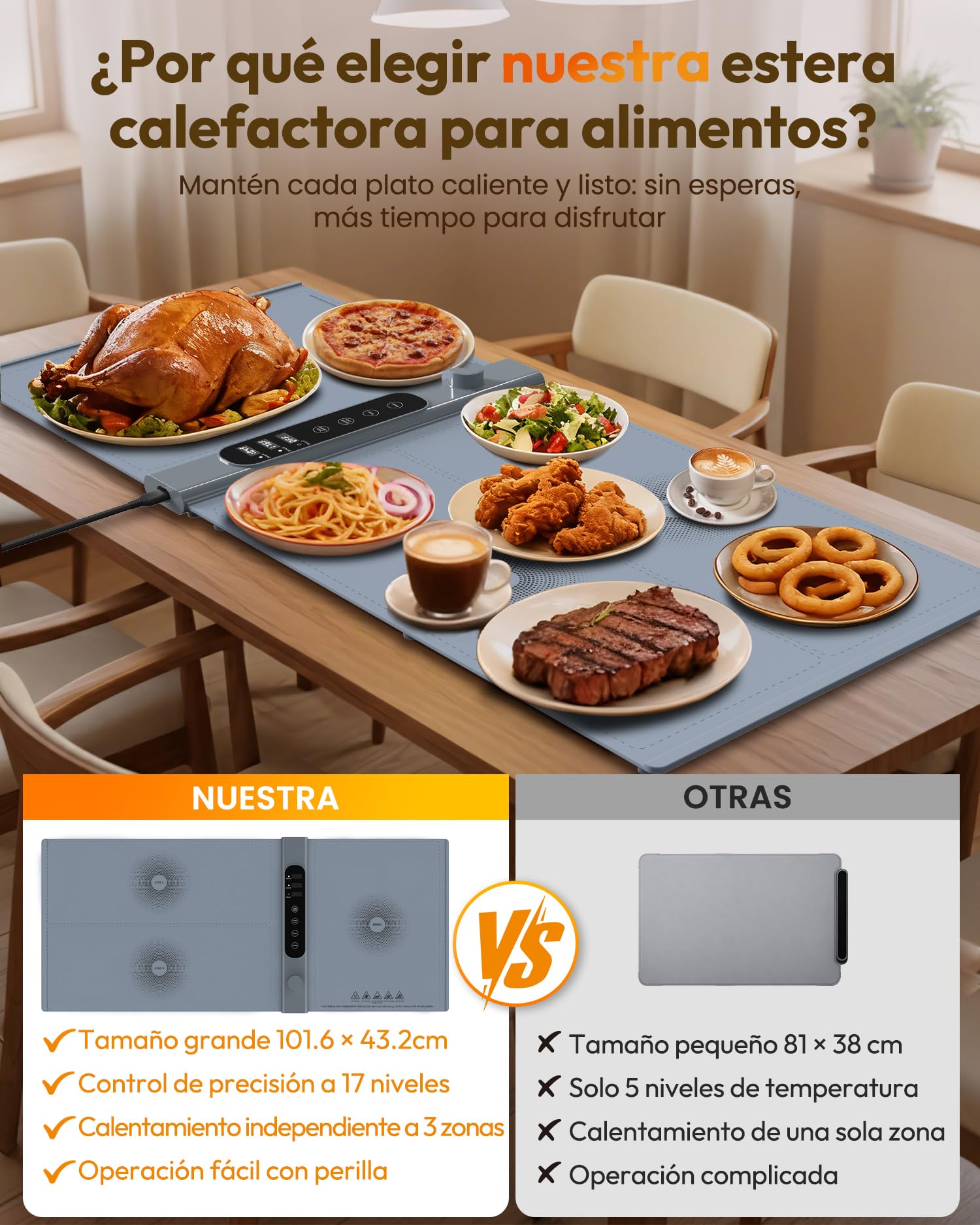 Bandeja de Calentamiento de Silicona 101×43 Cm, Bandeja Calienta Platos de 3 Zonas Independientes con 17 Temperatura de 1–6 Horas, Eléctrica Bandeja Calentadora de Comida para Buffets y Fiestas