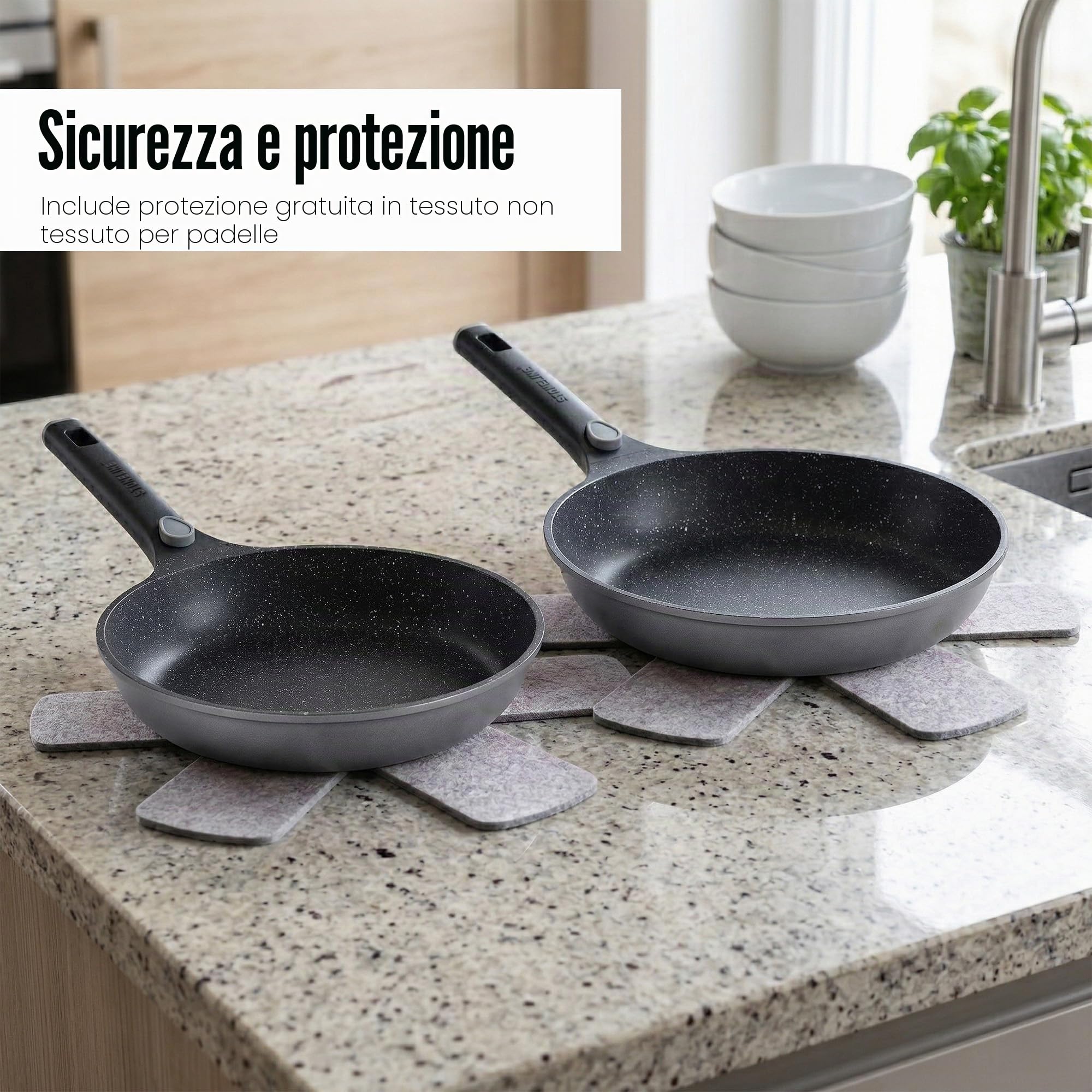 STONELINE SMART Set di Padelle 2 pezzi 24/28 cm, Padella Induzione Grande in Alluminio Pressofuso, Manico Rimovibile, Tutti i Tipi di Piani Cottura, Antiaderente con Vere Particelle di Pietra, Grigio