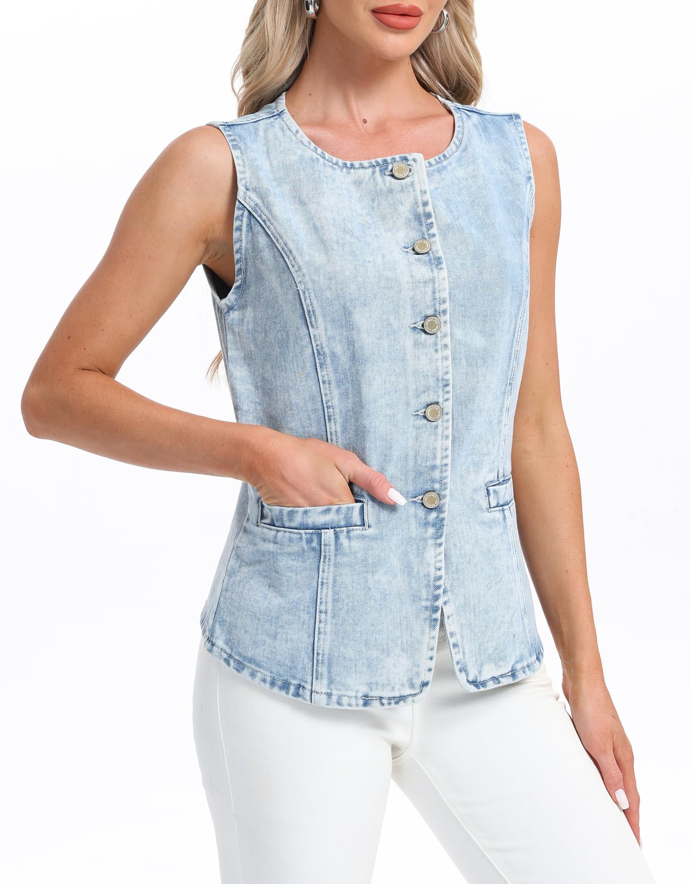 Ladyful Damen-Denim-Weste, Knopfleiste, Jeans, Tank-Top, ärmellos, Rundhalsausschnitt, Jeansweste mit Taschen