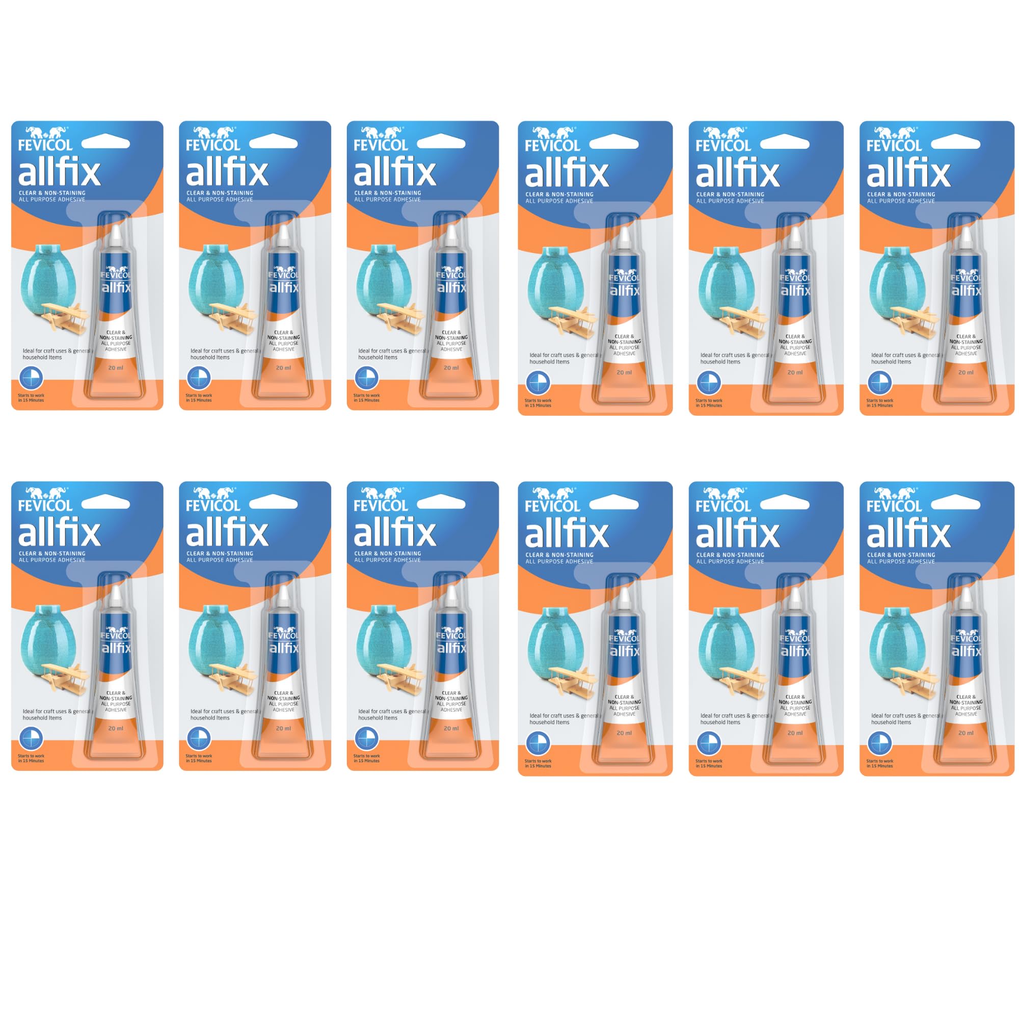 Fevicol Allfix, 20ml - Pack of 12 | Clear and Non-Staining | All Purpose Adhesive |Strong Bind | Easy to Use | DIY Art & Craft | Suitable for Fixing crafts, Cardboard, Plastic, Wood, Plywood