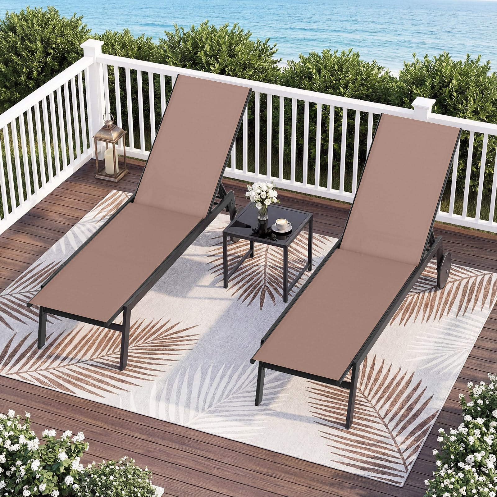GIANTEX Juego de 1/2 Tumbonas de Jardín con Ruedas, Silla Reclinable de Metal con Respaldo Ajustable en 6 Posiciones, Tejido Transpirable, Tumbona para Piscina, Playa, Balcón (1, Marrón)