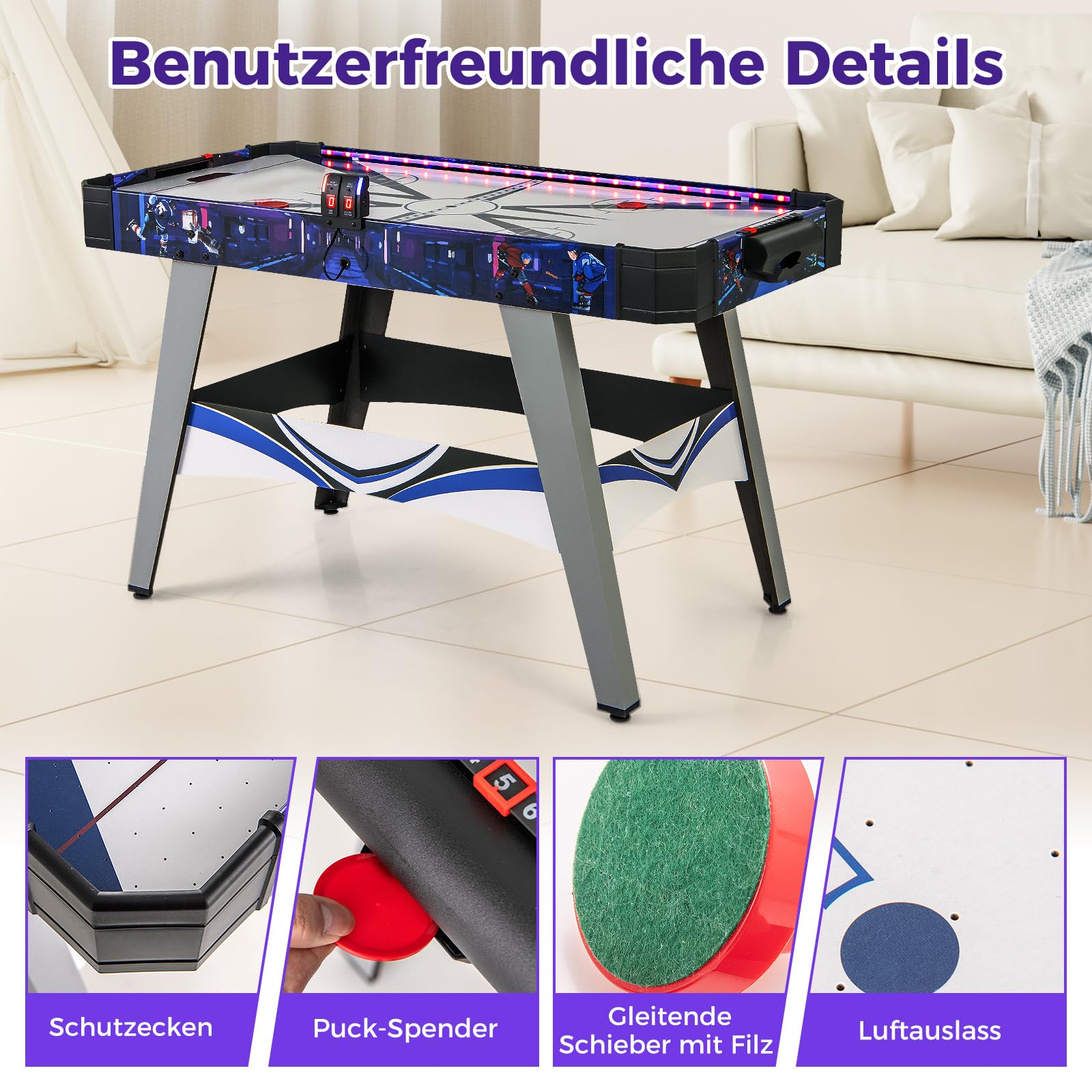 COSTWAY LED Airhockey Tisch, Air Hockey Spieltisch mit 12V Motor, 2 Schiebern & Pucks, Lufthockey elektrisch mit LED-Anzeigetafel, Tischhockey Eishockey für Kinder Erwachsene, 137 x 65 x 86 cm