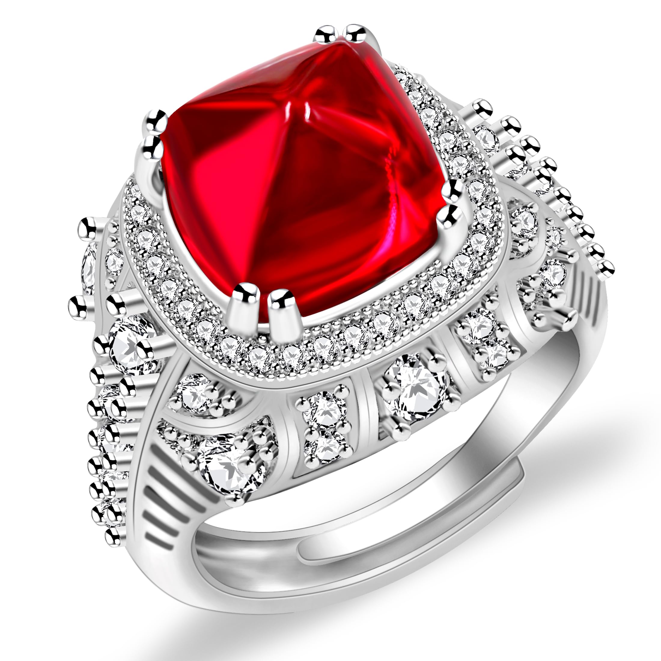 UloveidoAdjustable Unique Pyramid-Shaped CZ Ring Ruby/Sapphire/Emerald Statement Wedding Engagement Rings for Women