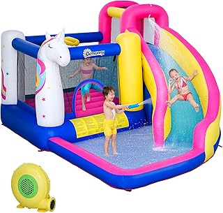 Outsunny Château gonflable avec toboggan piscine pour 4 enfants Springburg avec ventilateur pour 3-12 ans maternelle tissu Oxford polyester multicolore 380 x 320 x 210 cm