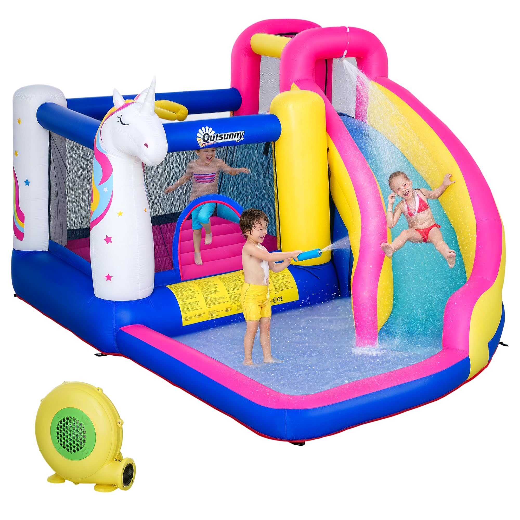 Outsunny Hüpfburg mit Gebläse – Wasserpark, Rutsche, Planschbecken, Trampolin und Basketballkorb