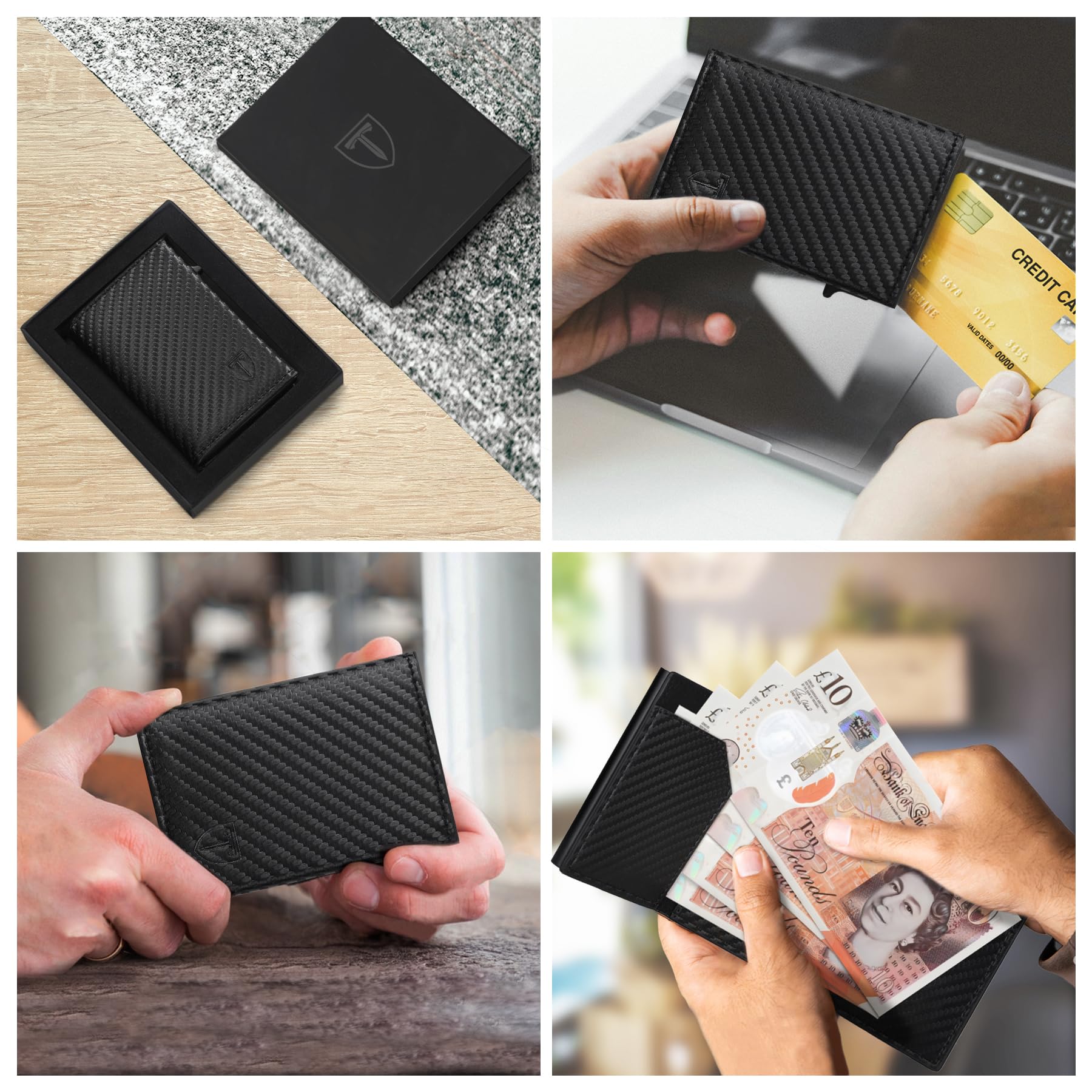 Portefeuille Homme en Fibre de Carbone, Magnétique Porte Carte avec Blocage RFID, Porte Feuille pour Homme avec Compartiment à Billets & Monnaie, Porte-Cartes de Crédit Bancaire (Noir)