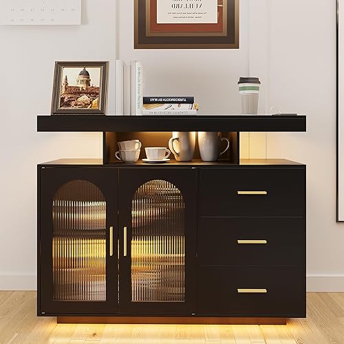 Miniatura 10 de HWB Gabinete de barra de café LED RGB Gabinete de almacenamiento de cocina y aparador de buffet - Mesa de café de madera con capacidad de estante