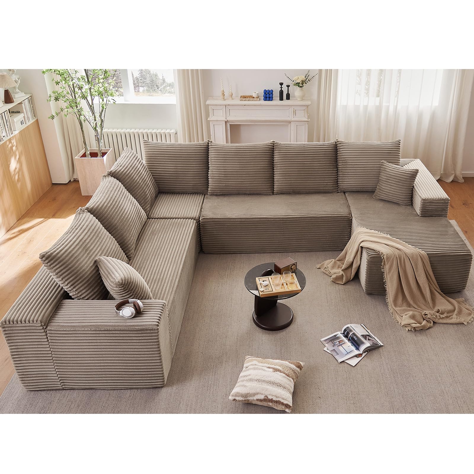 Sectional Cloud Couch with L-Shape Chaise, Modern Modular Comfy Sofa with Deep Seat, Upholstered Corduroy Couches Stupendous U Shaped Sofas for Living Room Bedroom, No Assembly Required, Camel