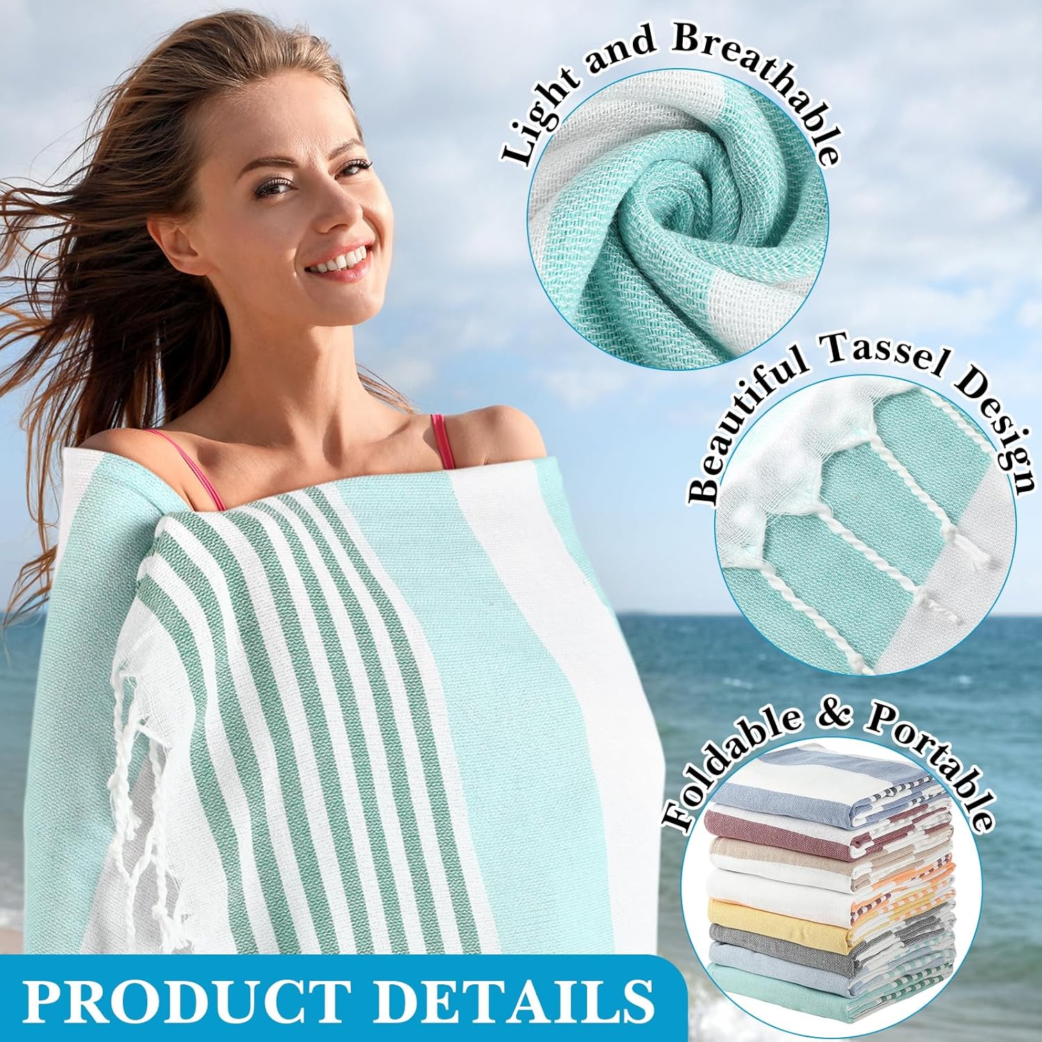 Mixweer 12 Pack Turkish Beach Towels Bulk Oversized 71” x 35” Quick Dry Sand Free Cotton Lightweight Bath Towel for Beach Bathroom Pool Camping Sauna Travel Accessories Vacation Essentials Gift