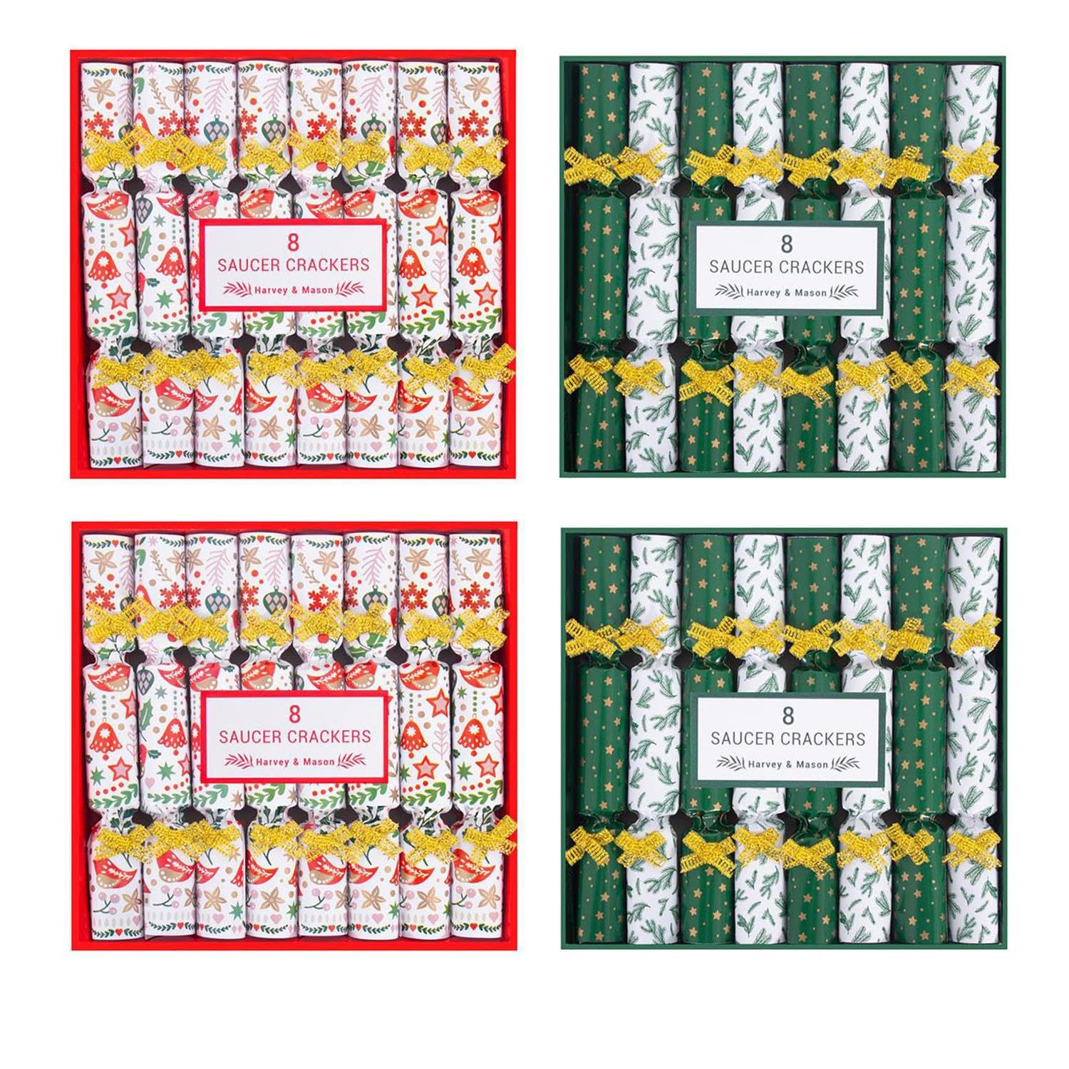 Yöl Pack Of 32 32 Saucer Mini Christmas Crackers Afternoon Tea Breakfast Xmas Table Deco Gold Green Red White