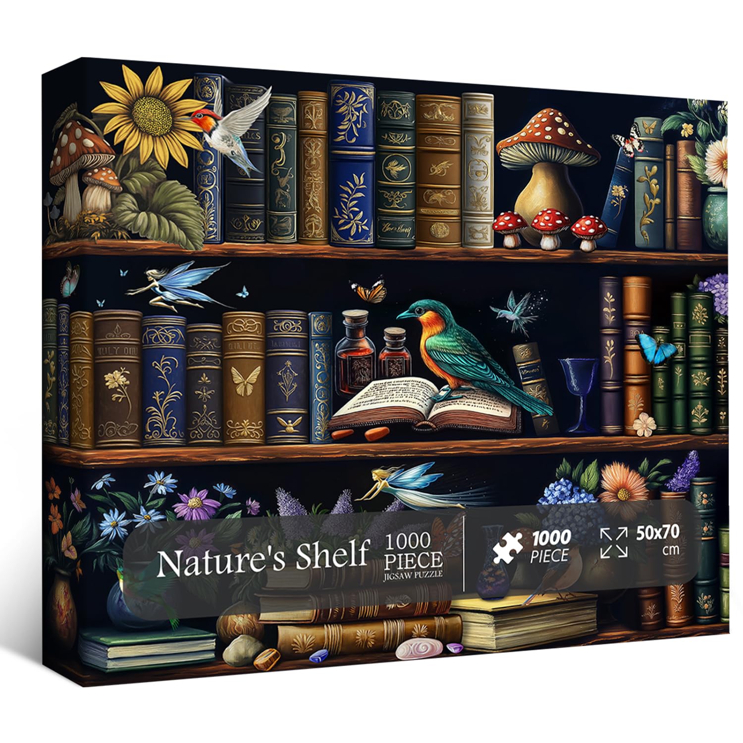 Vintage Bookshelf Puzzles for Adults 1000 Pieces, Retro Book Flower Mushroom Jigsaw Puzzles, Nature Library Bookshelf Floral Puzzle as Home Decor