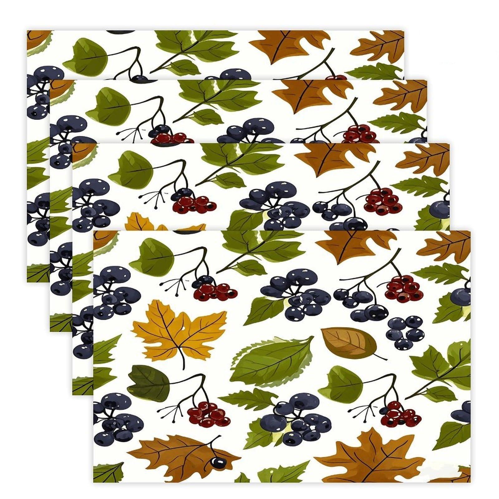 Leaves and Berries Placemats Heat Resistant Non-Slip Place Mats Washable Wipeable Table Mat Kitchen Dining Table Decoration Placemats Indoor Outdoor Place Mats 17.7’’×11.8’’