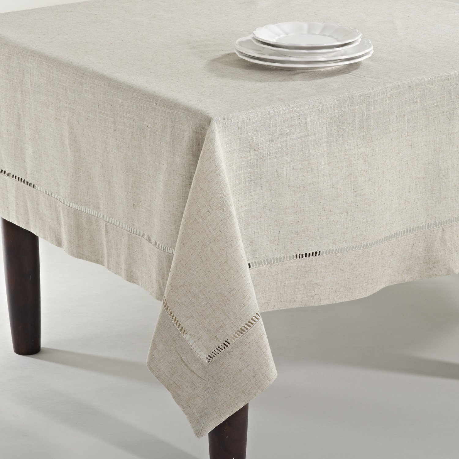 SARO LIFESTYLE 731.N6584B Collection Poly And Linen Blend Toscana Tablecloth With Hemstitch Border, 65" x 84", Natural