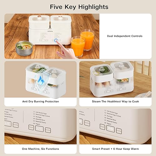 Miniatura 5 de Hofenta Olla eléctrica rápida de huevos de 2 niveles, vaporizador de huevos de 16 huevos con temporizador (0.5-9.5 horas), apagado automático, 6 en