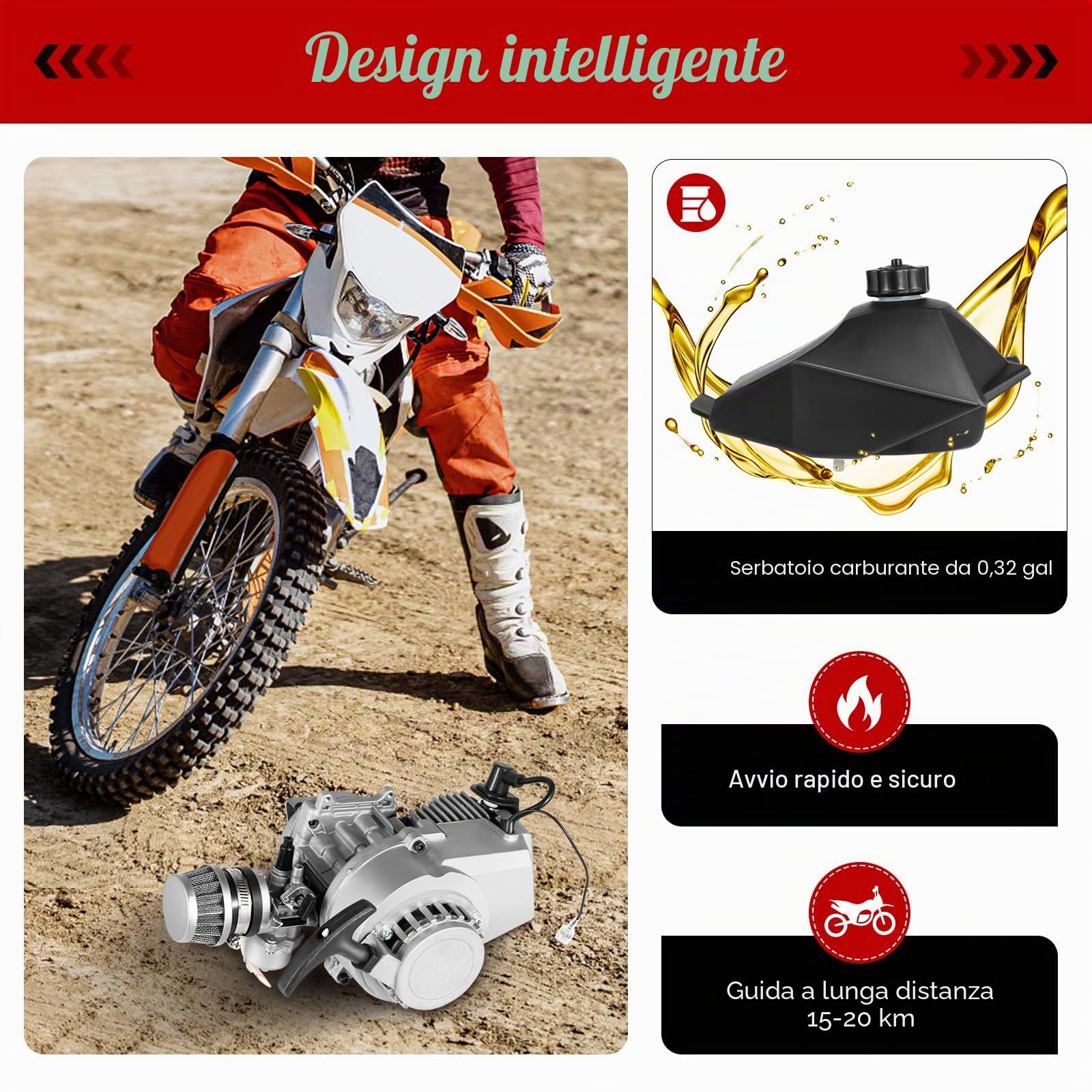Kit mini motore a 2 tempi, 49 cc, Pull Start + serbatoio del carburante per Pocket Quad Dirt Bike 2 tempi
