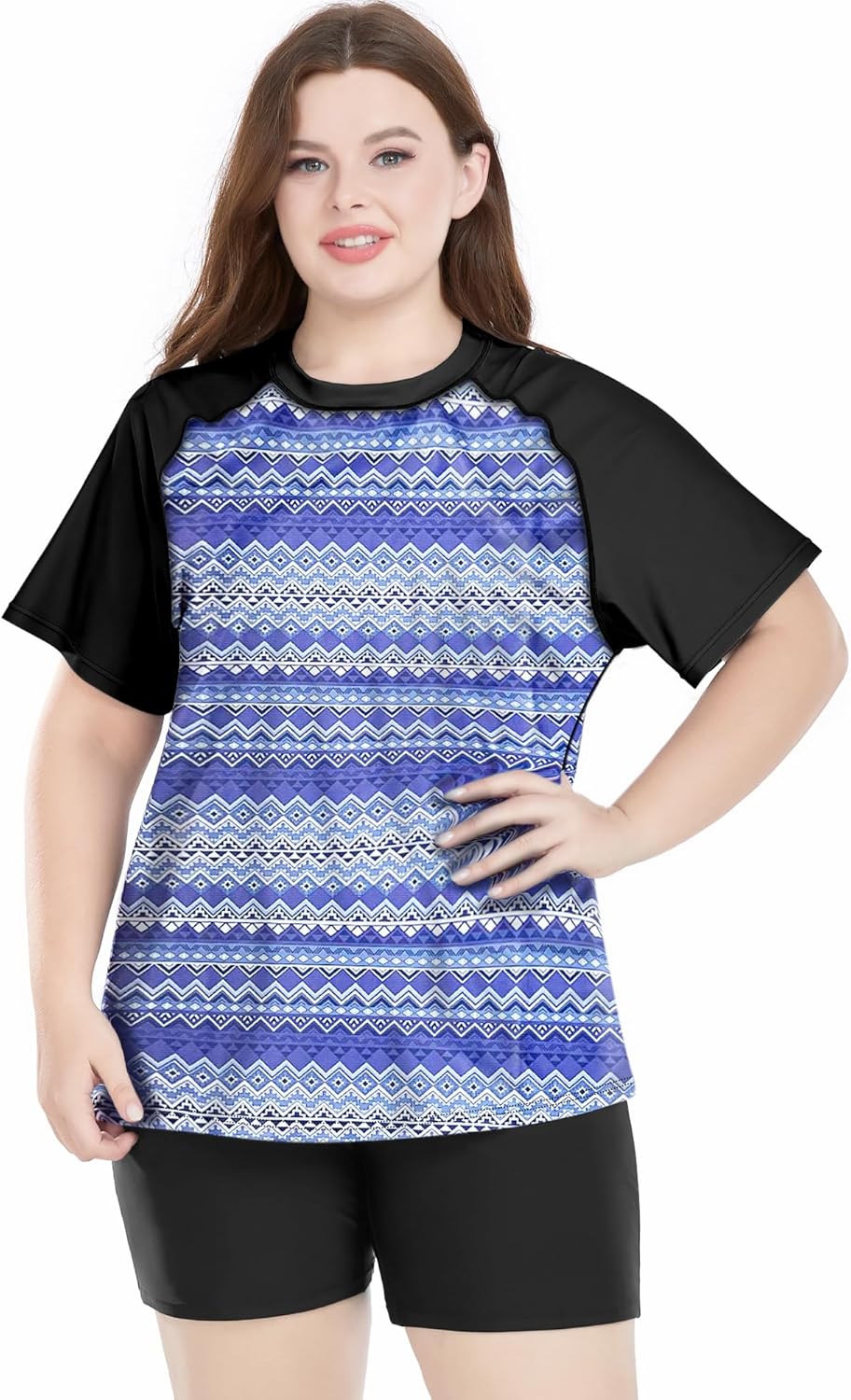 Davena Plus Size Rash Guard for Women 2 Piece Big Size Swimsuits Short Sleeve Bathing Suit with Bottom UV UPF 50+(Balck,Blue Geometry,4X) - Image 5
