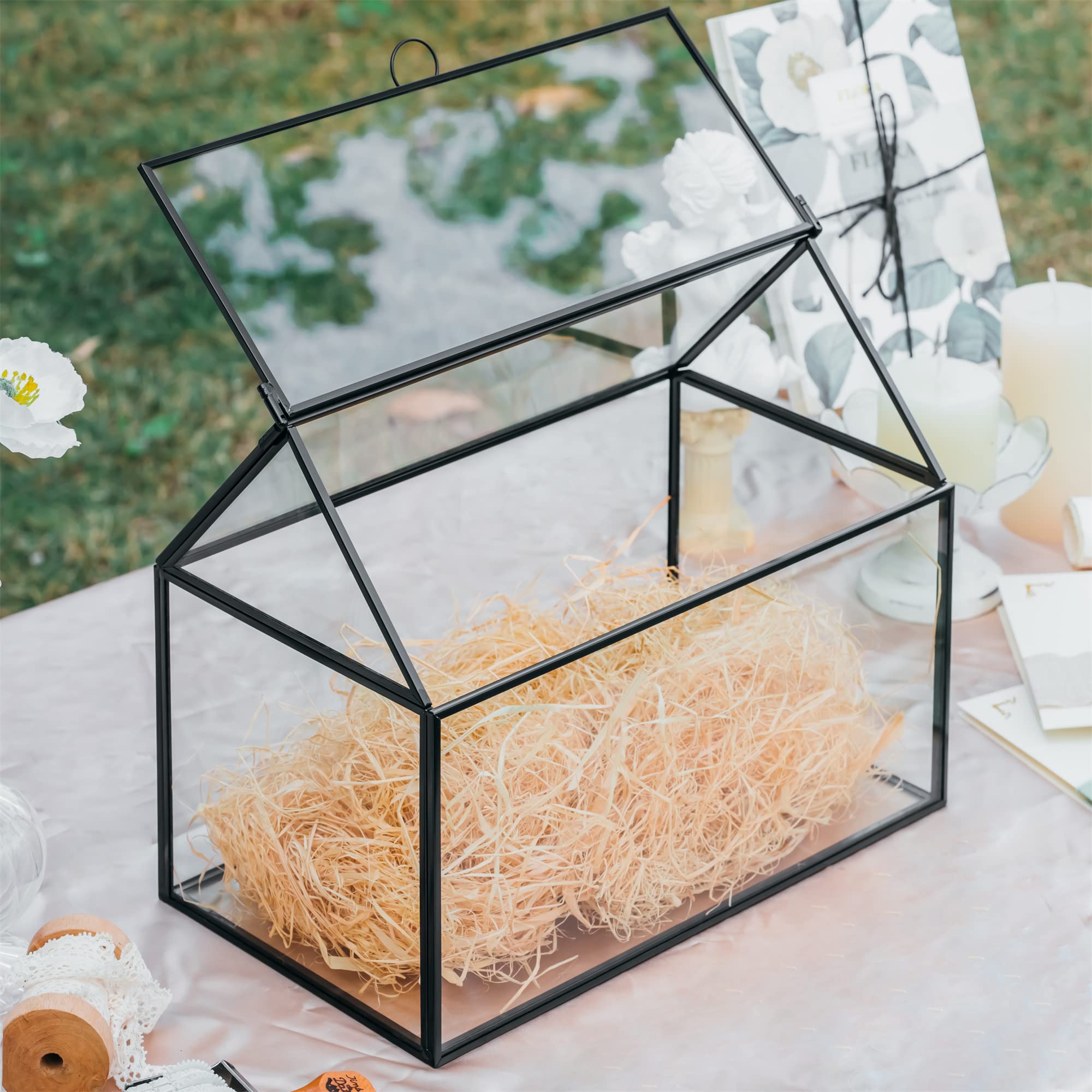 NCYP Scatola porta biglietti in vetro con coperchio per ricevimenti di nozze – 26 x 15 x 21 cm, porta carte a forma di casa, micro decorazione per matrimoni, feste di compleanno, nero (solo scatola di