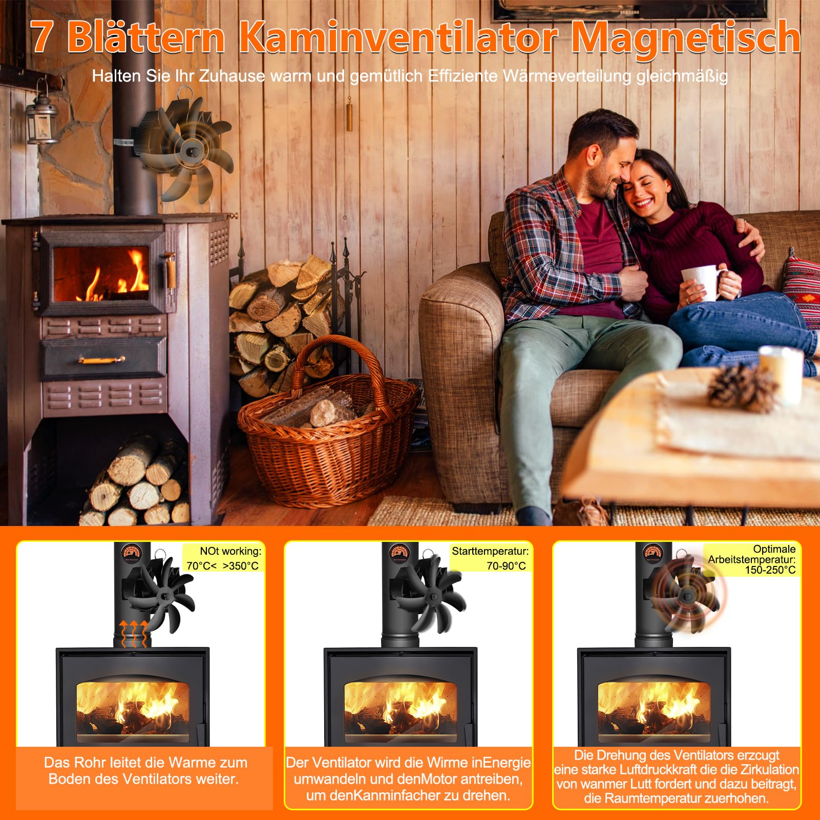 Magnetyczny wentylator kominkowy, 7 łopatek, bez prądu, cichy, do drewna/kominka, kominka, kominka, kominka, z 2 magnesami i 1 pierścieniem