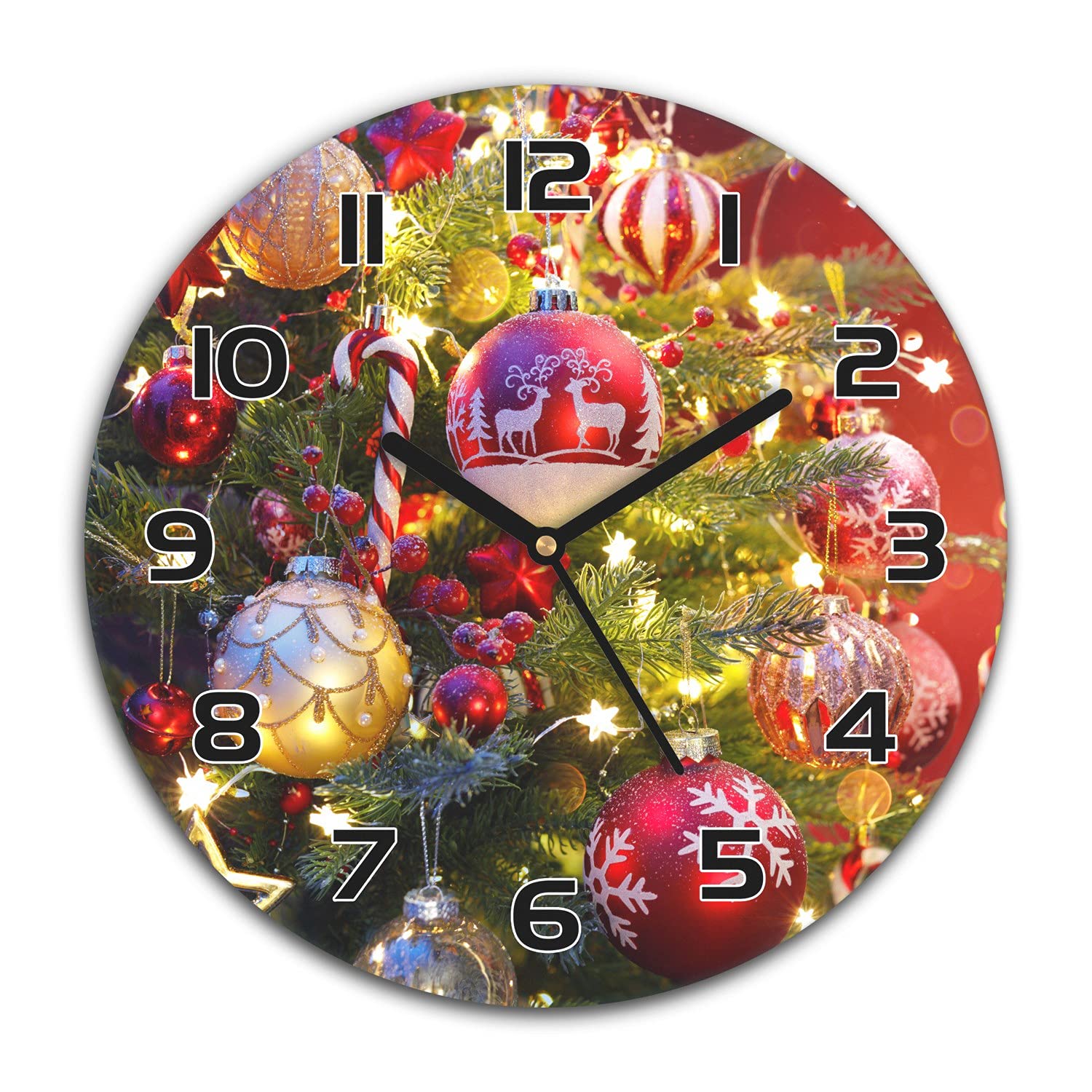 Horloge murale Noël en verre de 30 cm Coloray avec mécanisme silencieux et boules festives