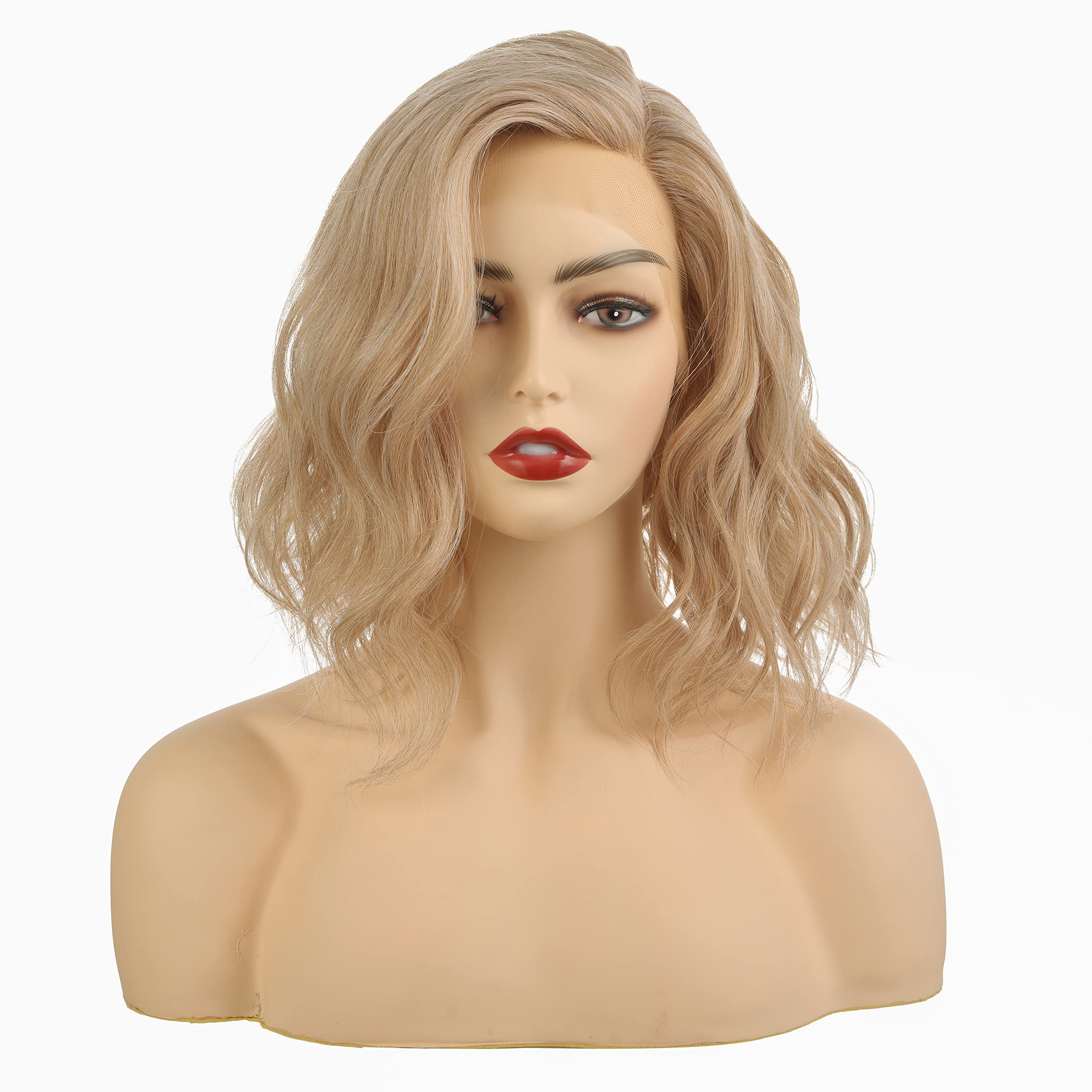 Onedor Shoulder Length Lace Front Short Wavy Hair Bob Wigs for Women (M266 - Medium Blonde & Platinum Blonde Blended)
