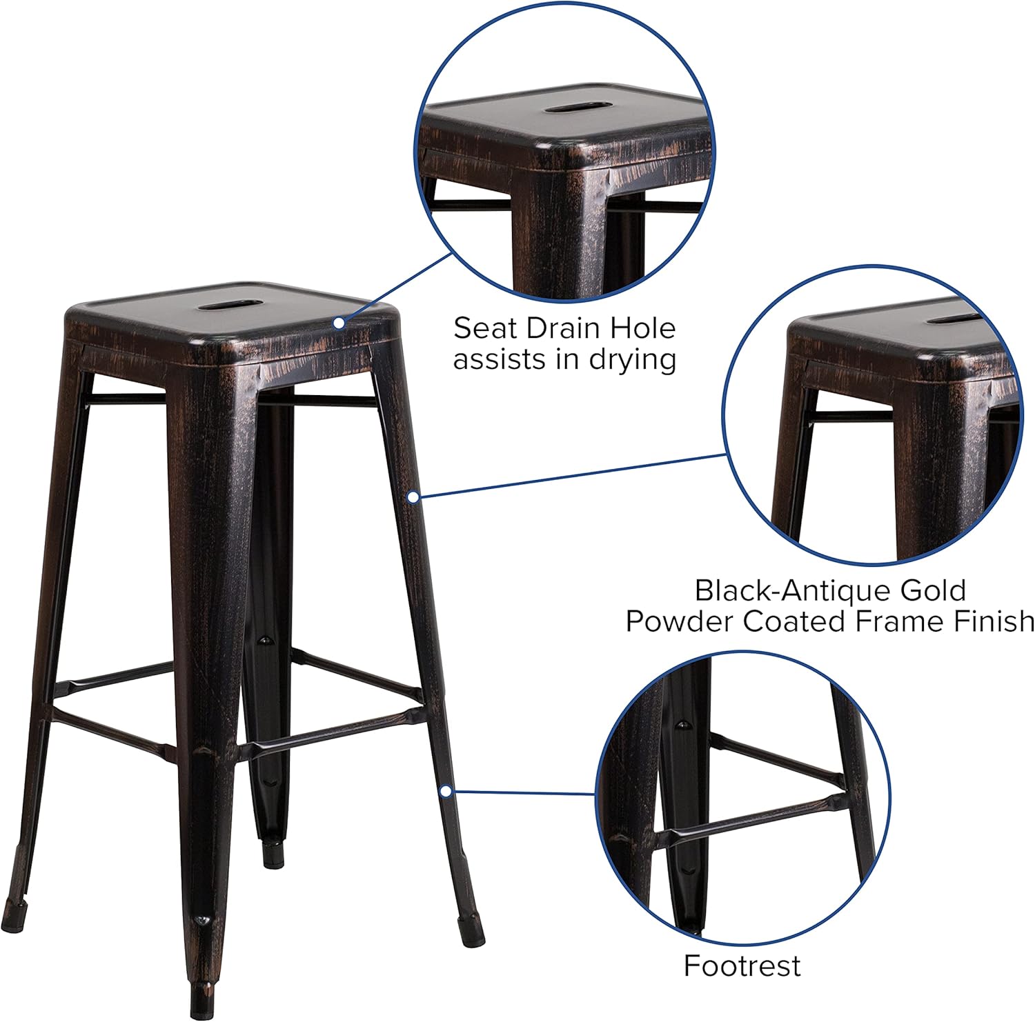 Merrick Lane Newark Series Bar Height Stool - Black-Antique Gold Finish - Metal Frame with Cross Bracing - Backless Design - Integrated Footrest