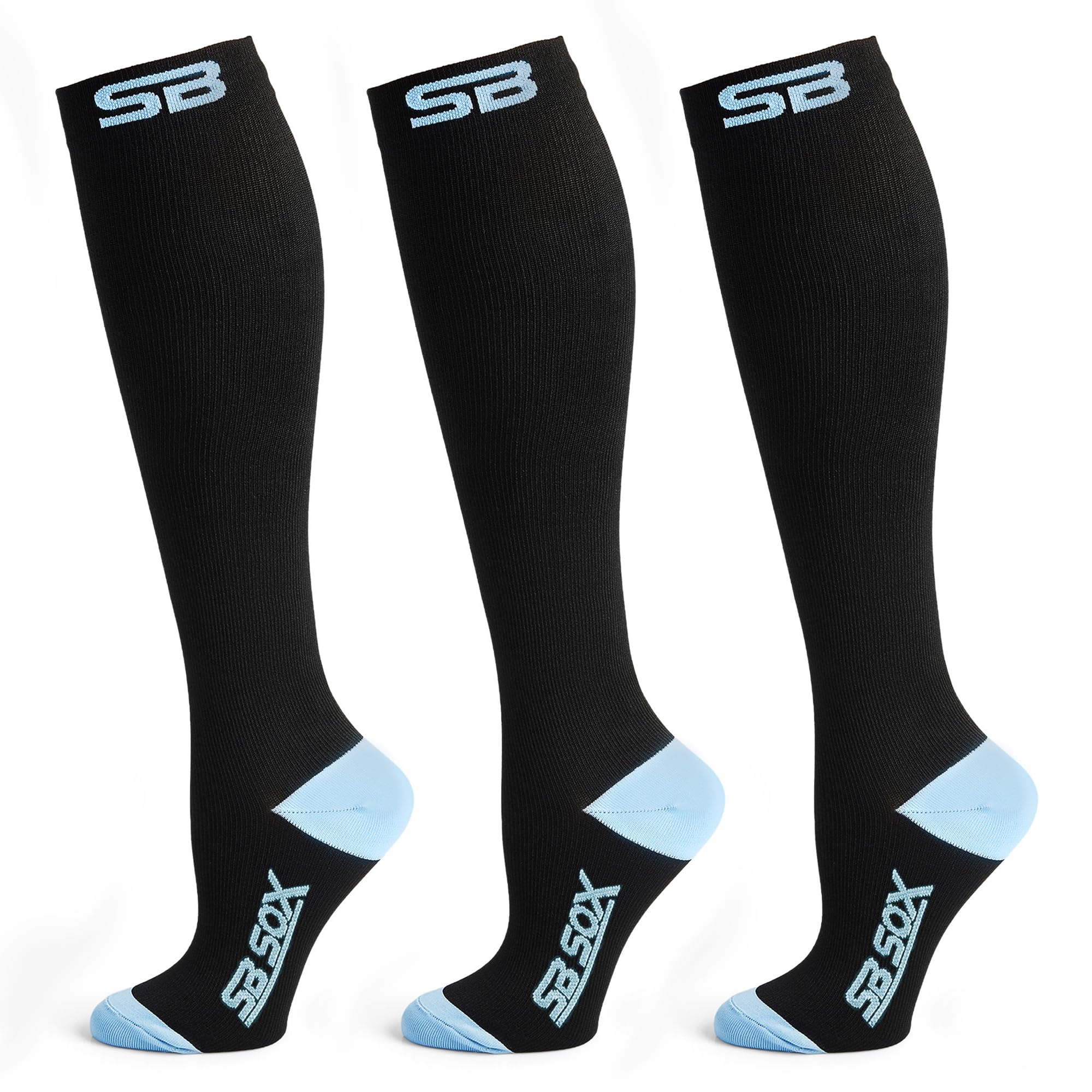 SB SOX 3-Pair Compression Socks (15-20mmHg) | Best Compression Socks for Flying, Medical, Sports, Wide Calf Fit, Pregnancy, and Daily Wear L/XL Black/Blue