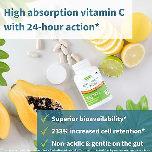 Miniatura 2 de Complejo Super Vitamina C, 1000 mg de vitamina C vegana de alta absorción con bioflavonoides, con acción de 24 horas Pureway-C, salud inmune,