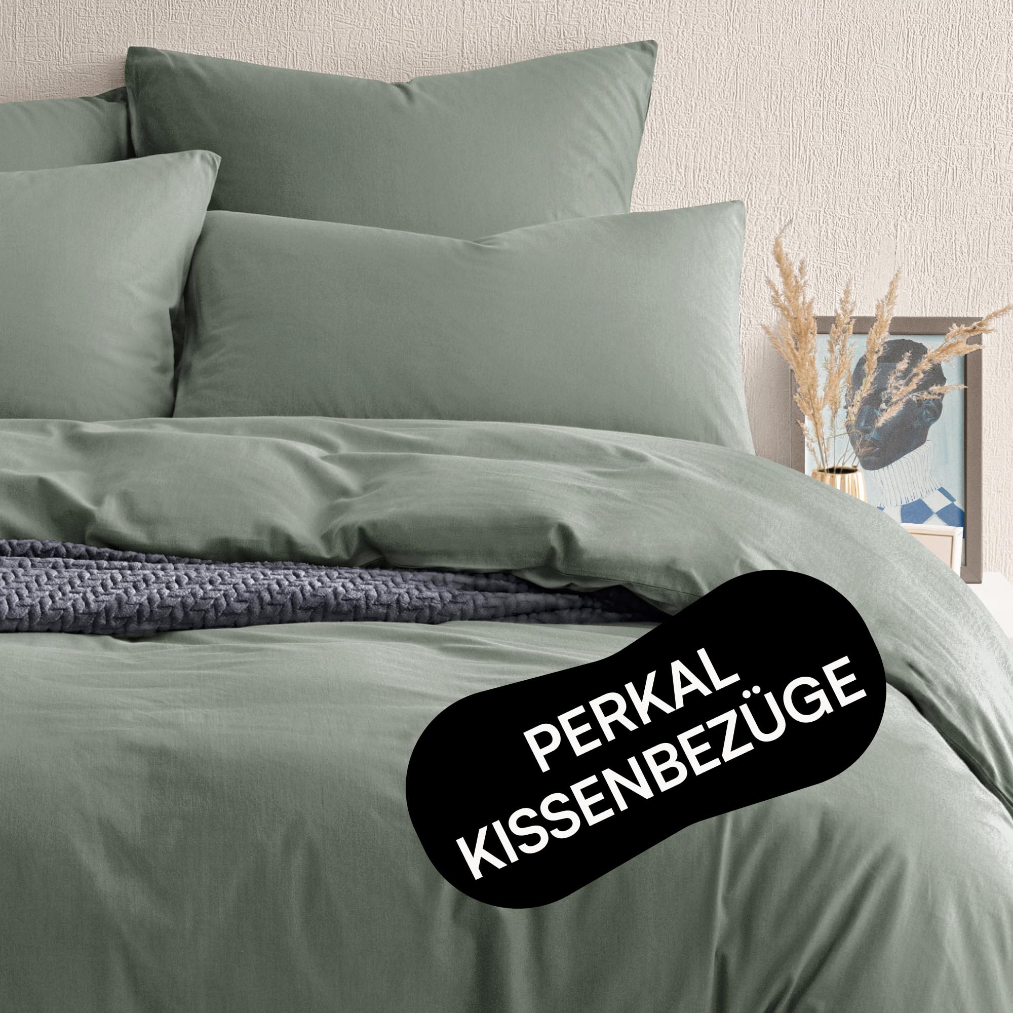 Juego de 2 fundas de almohada de 80 x 80 cm, color verde (2 unidades), 100 % algodón de percal (cepillado), certificado Oeko-Tex, transpirable, 80 x 80 cm, funda de almohada con cremallera,