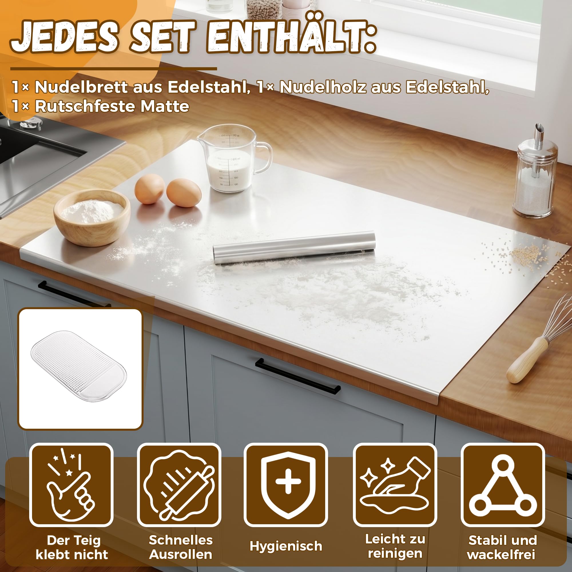 Edelstahl Arbeitsplatte mit Kante 90×50cm Schneidebrett Edelstahl mit Nudelholz aus Edelstahl und Rutschfeste Matte Schneidbretter für Arbeitsplatte Küche, Bar, Restaurants