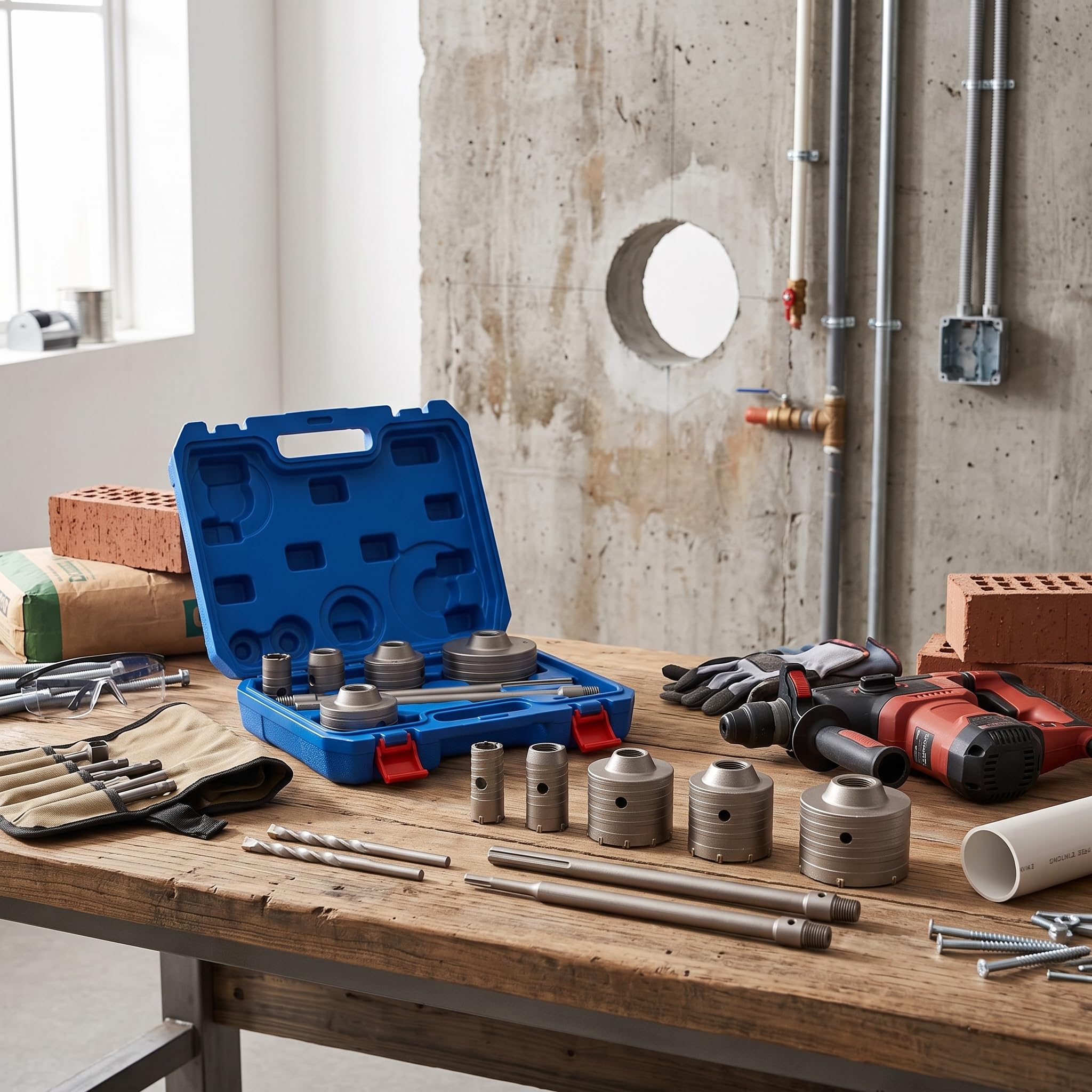 Kernbohrer Bohrkronen Set 9 Stück, Beton-Lochsägen-Bohrer-Set mit Schaft, 30 mm, 40 mm, 65 mm, 80 mm, 100 mm für Stein, Ziegel und Betonwände