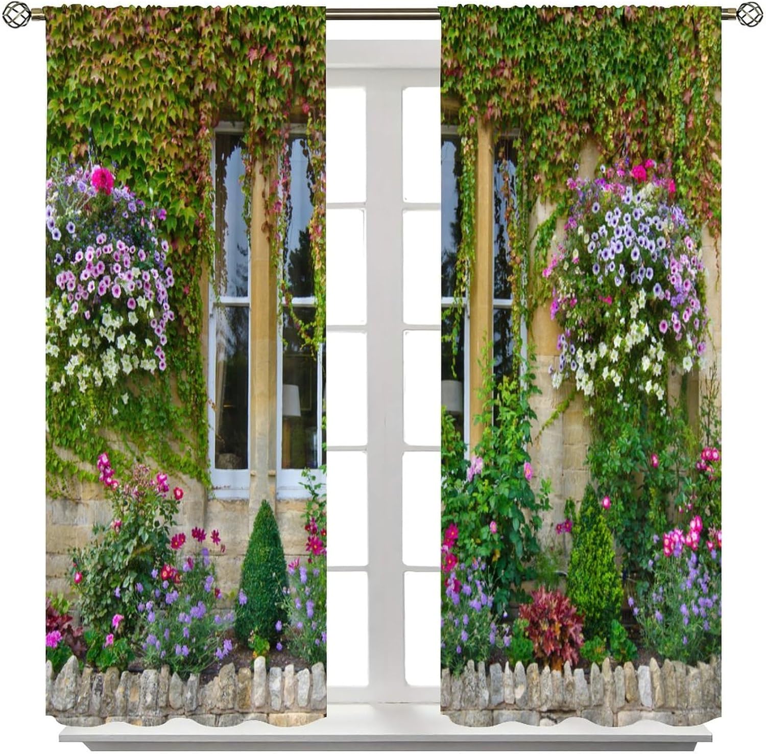 Italian Blackout Curtain,Porch Flowers Pots Plants Floral Flowers Retro Country Farmhouse Print Window Drapes for Bedroom Living Room Kitchen Cafe Office Set 2 Panels,42x45 Inches