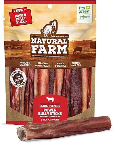 Natural Farm Power - Palitos de carne de toro masticables para perros (6 pulgadas, paquete de 25), masticables potentes 2 en 1 Golosinas dentales