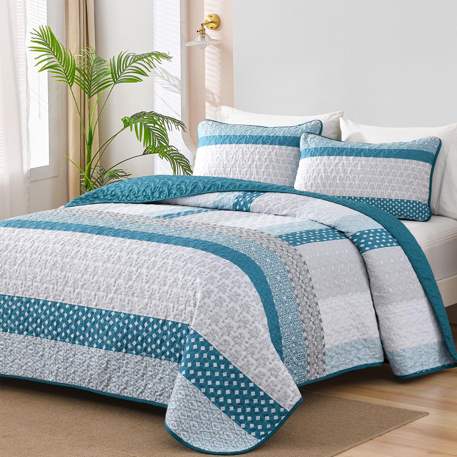 WONGS BEDDING Teal Blue Queen Size Quilt Set, Boho Striped Bedspread
